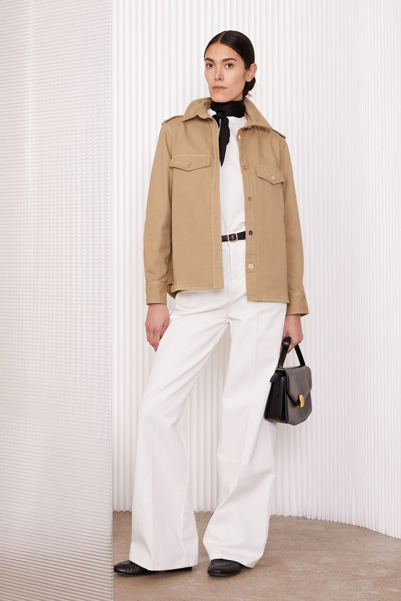 beige jacket white shirt wide-leg pants