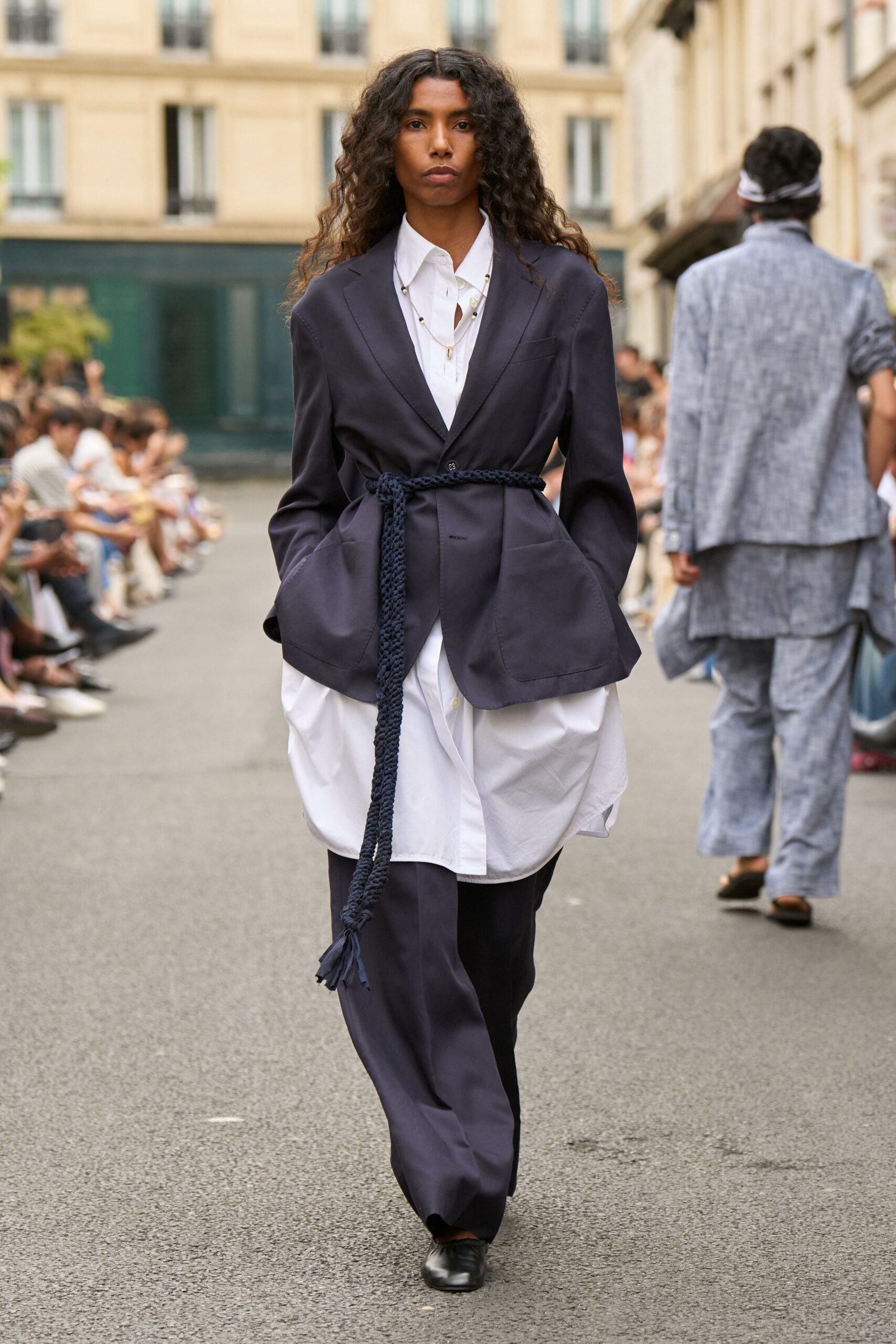 navy tailored blazer with relaxed shirt and pants