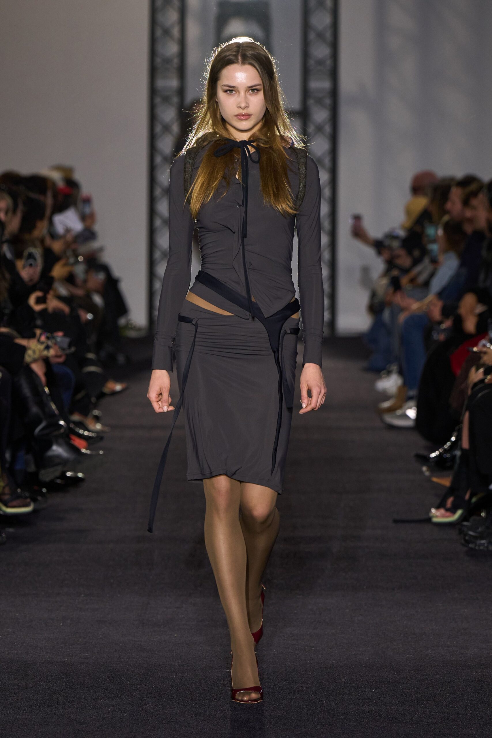 gray cotton long-sleeve collared fitted zippered midi dress