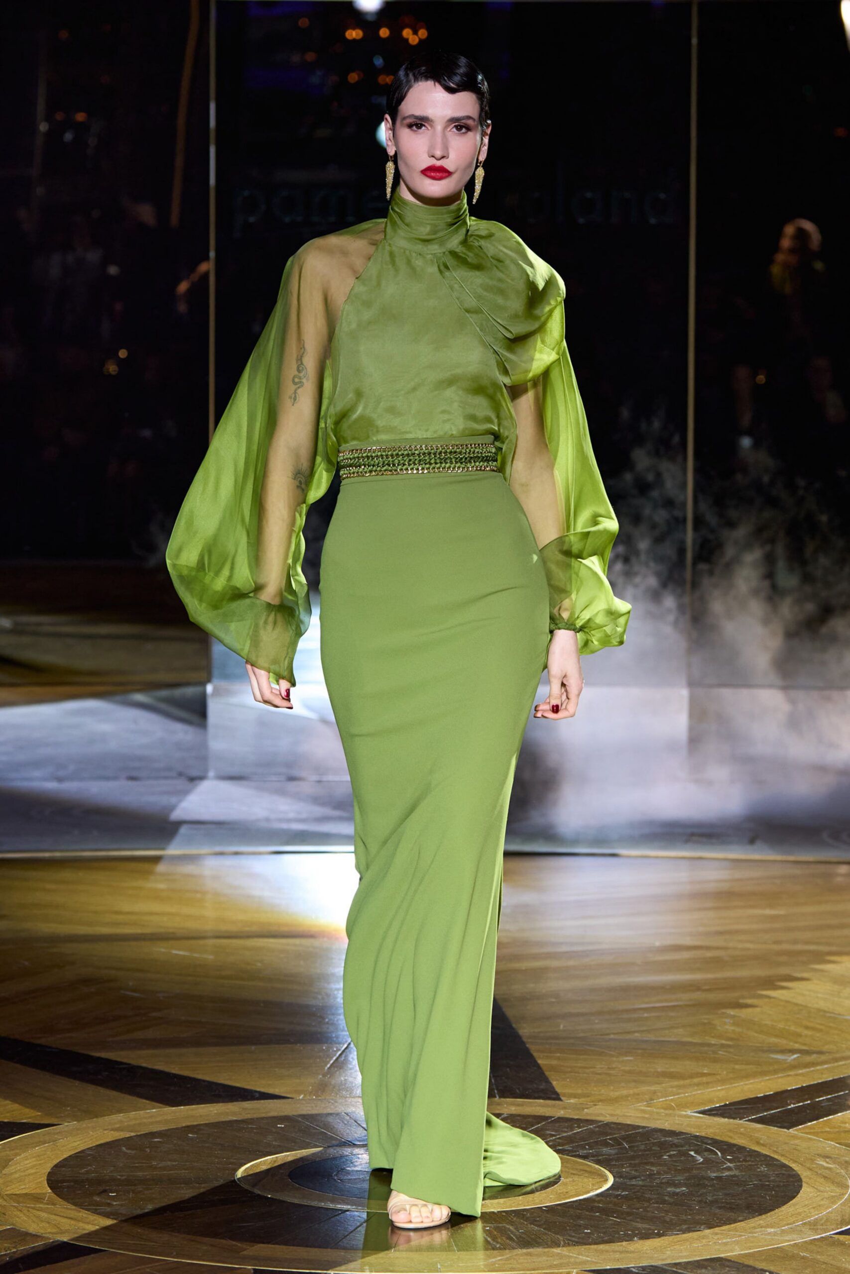 green silk fitted straight-leg maxi skirt