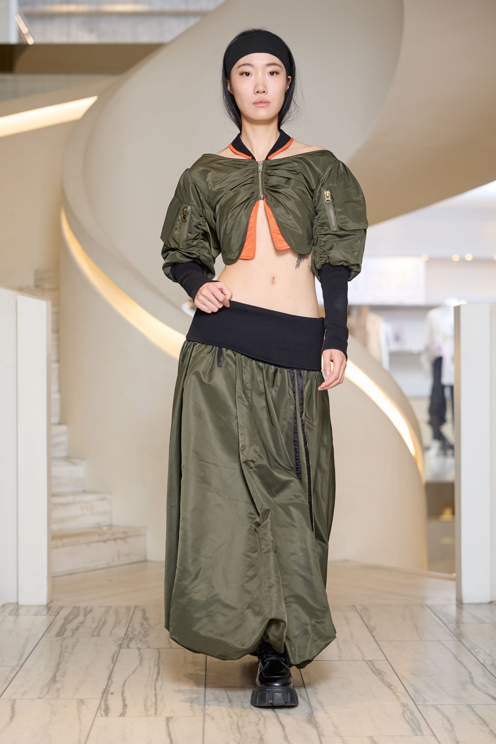 green silk top and skirt