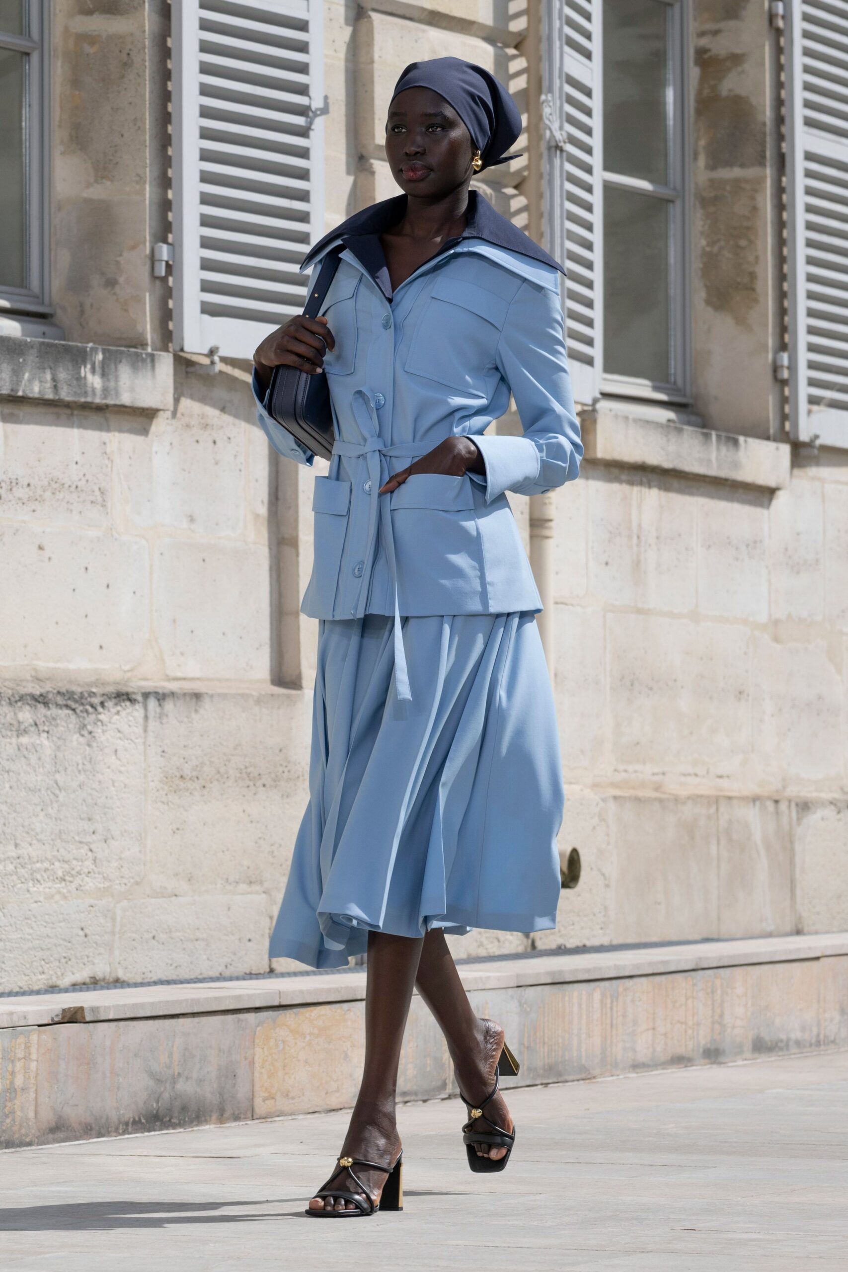 blue cotton relaxed high-waisted pleated midi skirt