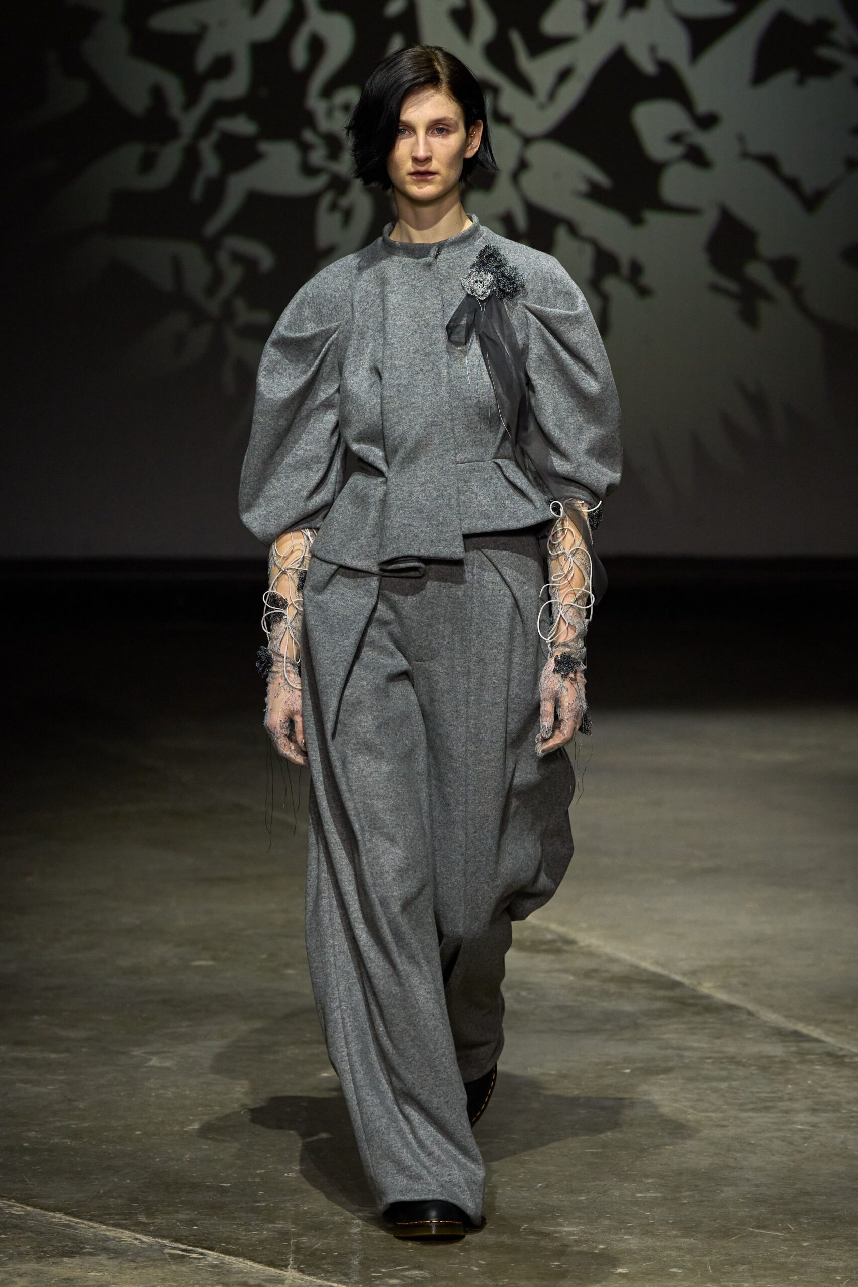 gray wool long-sleeve collared relaxed pleated top