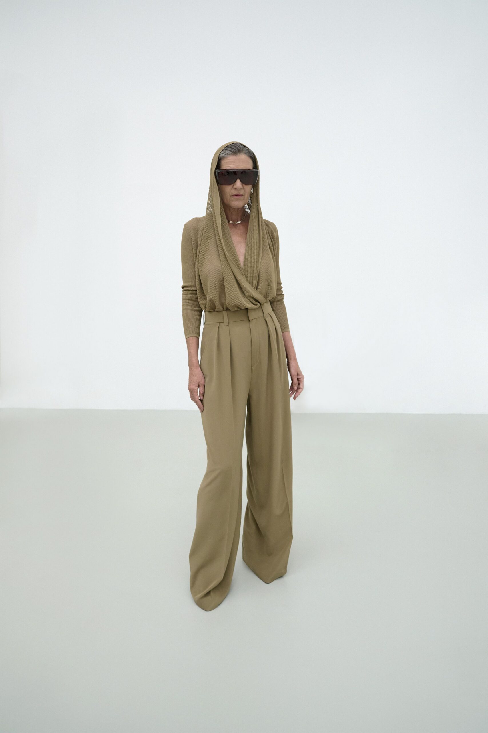 beige cotton long-sleeve hooded relaxed draped top
