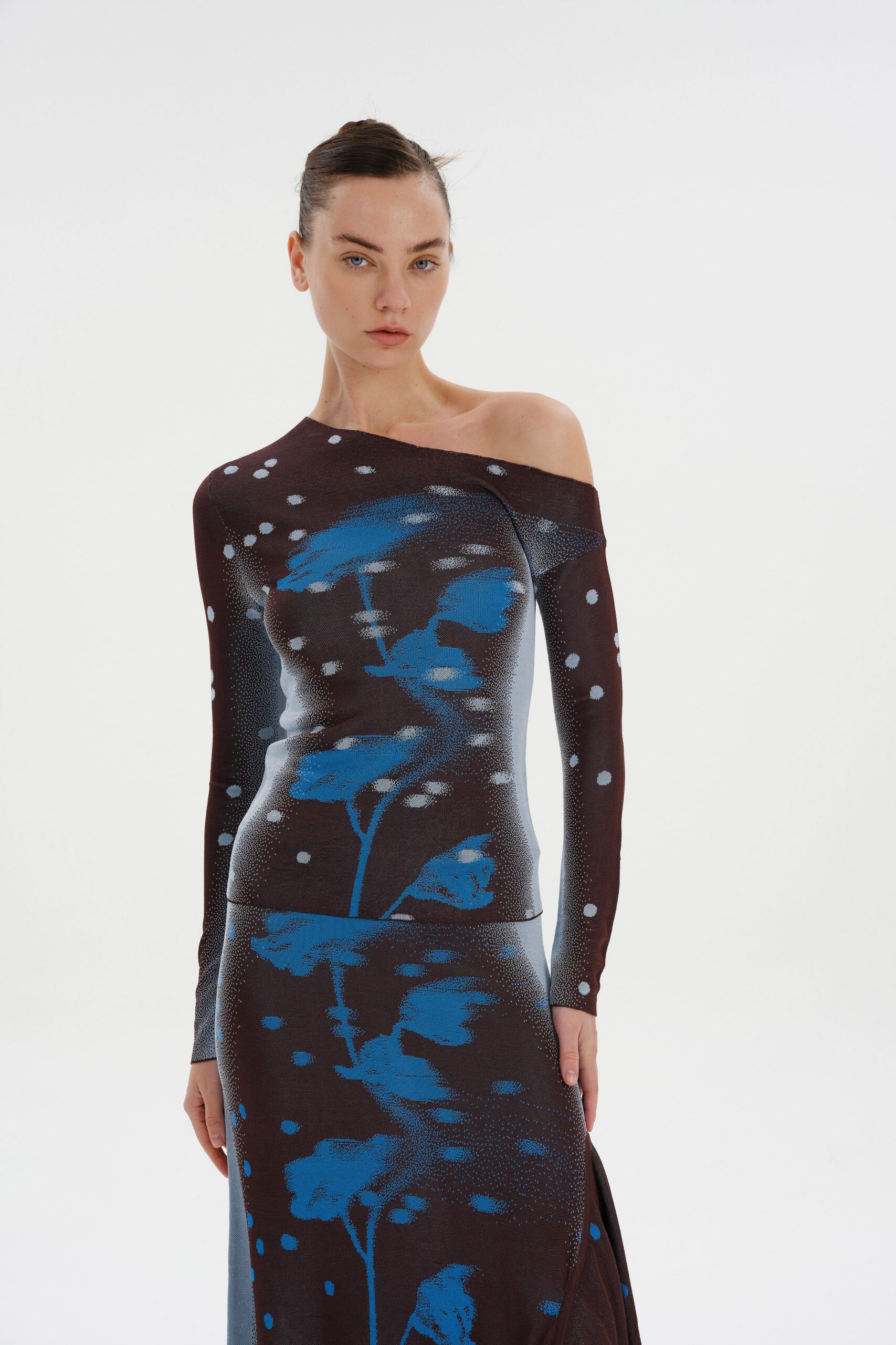 brown and blue printed midi dress