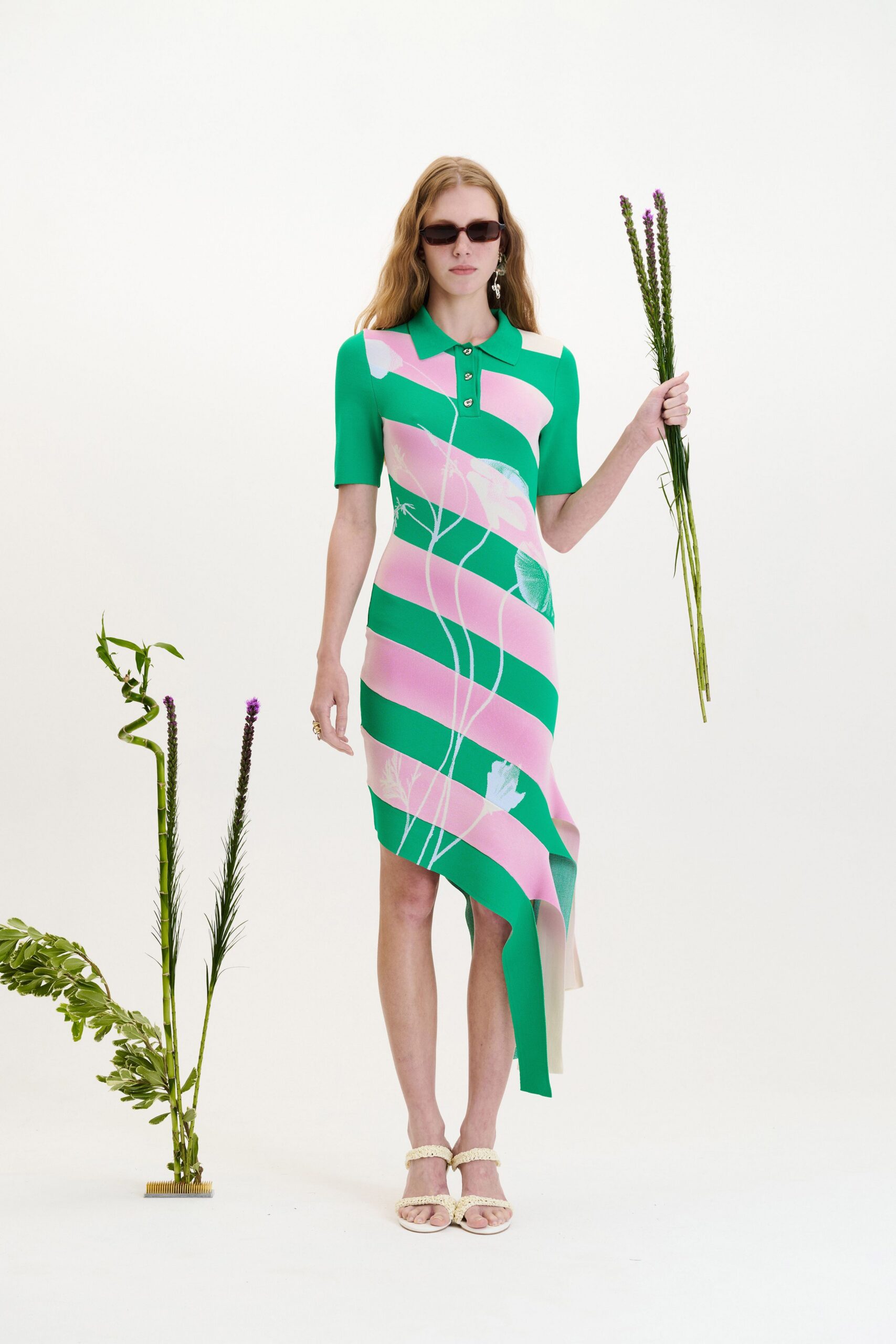 green pink striped midi dress