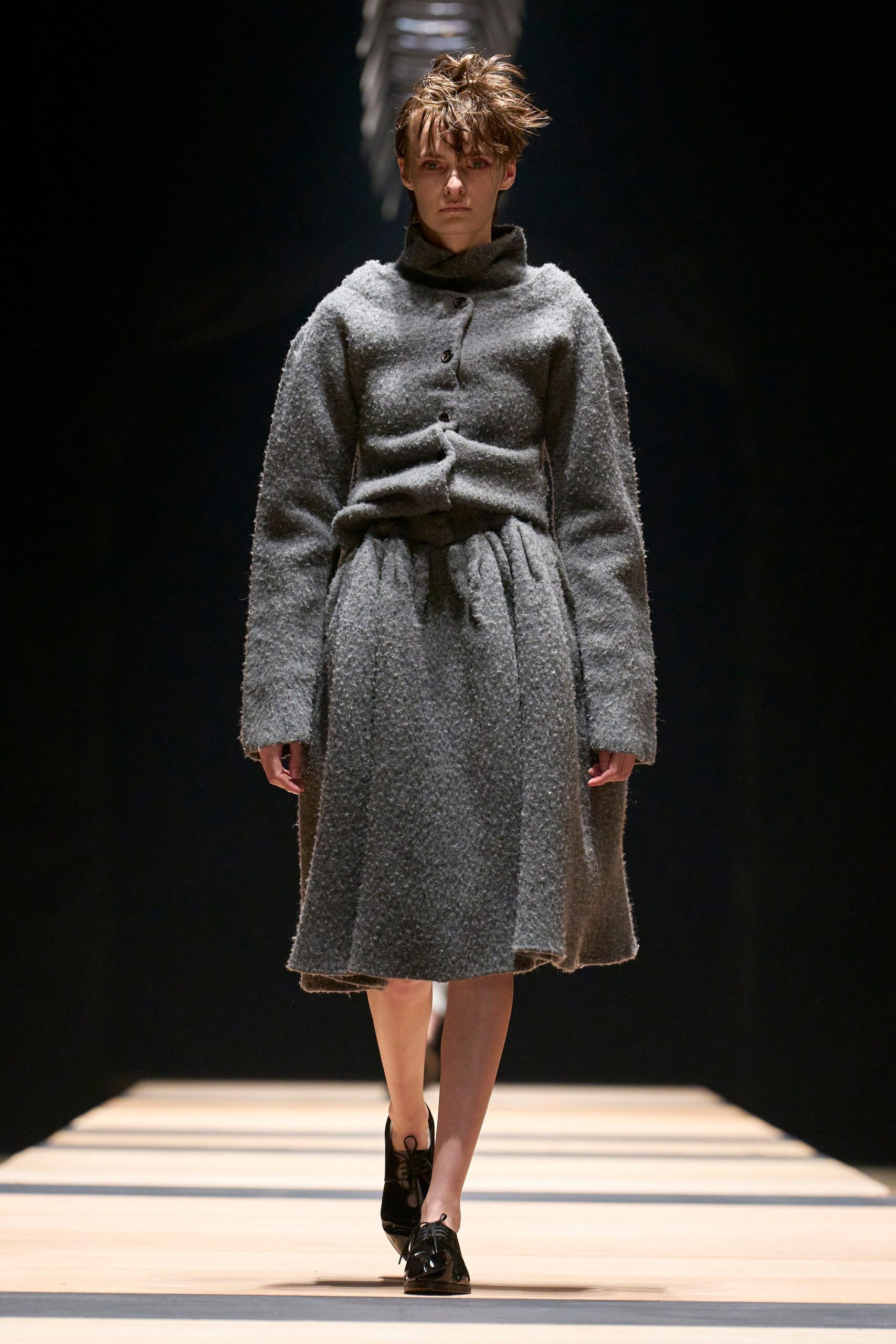 gray wool long-sleeve collared relaxed buttoned pleated dress