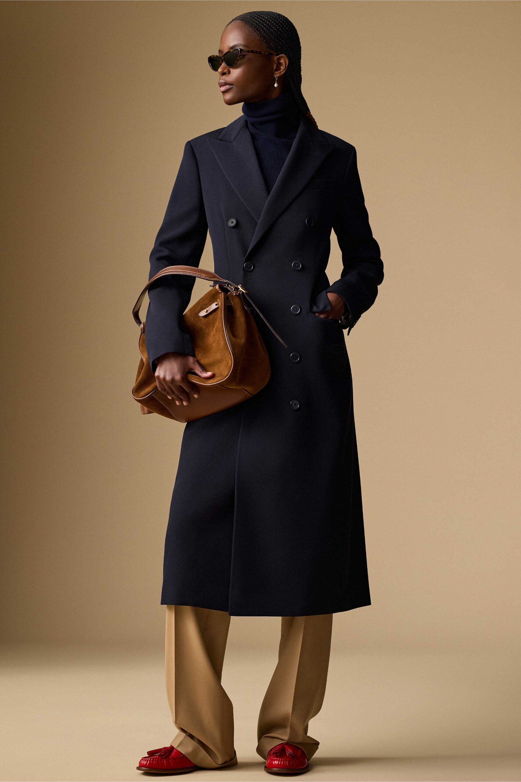 black wool long-sleeve collared tailored maxi coat