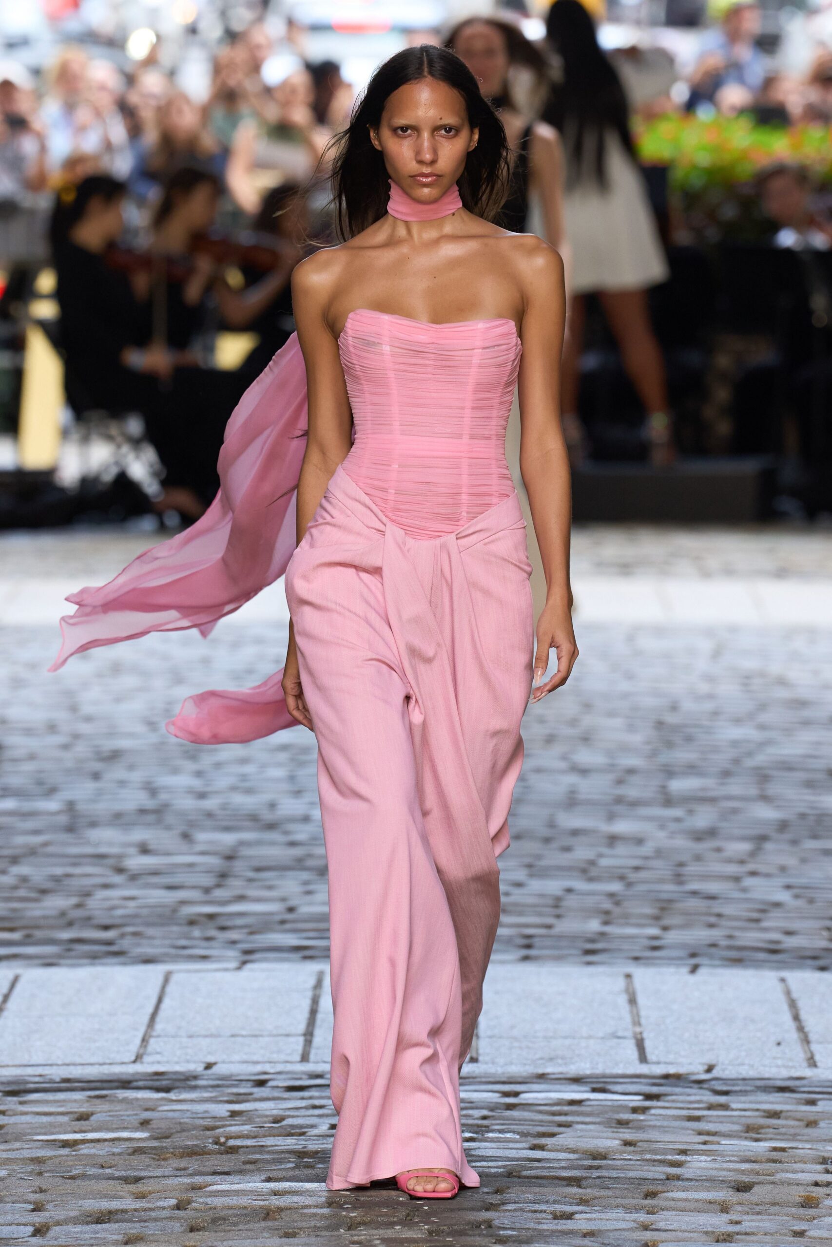 pink silk sleeveless strapless fitted ruched jumpsuit