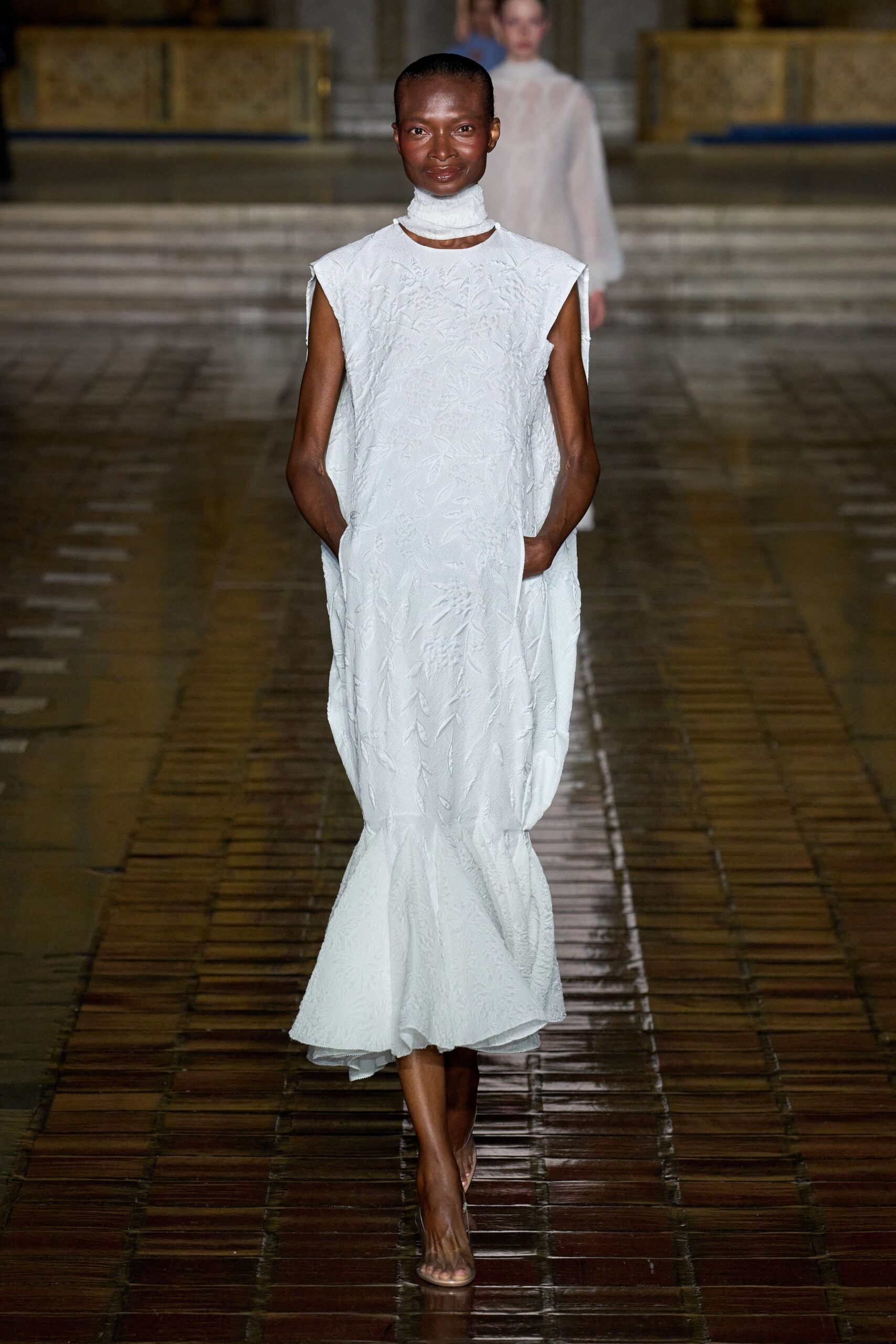 white pleated midi dress with beige shoes