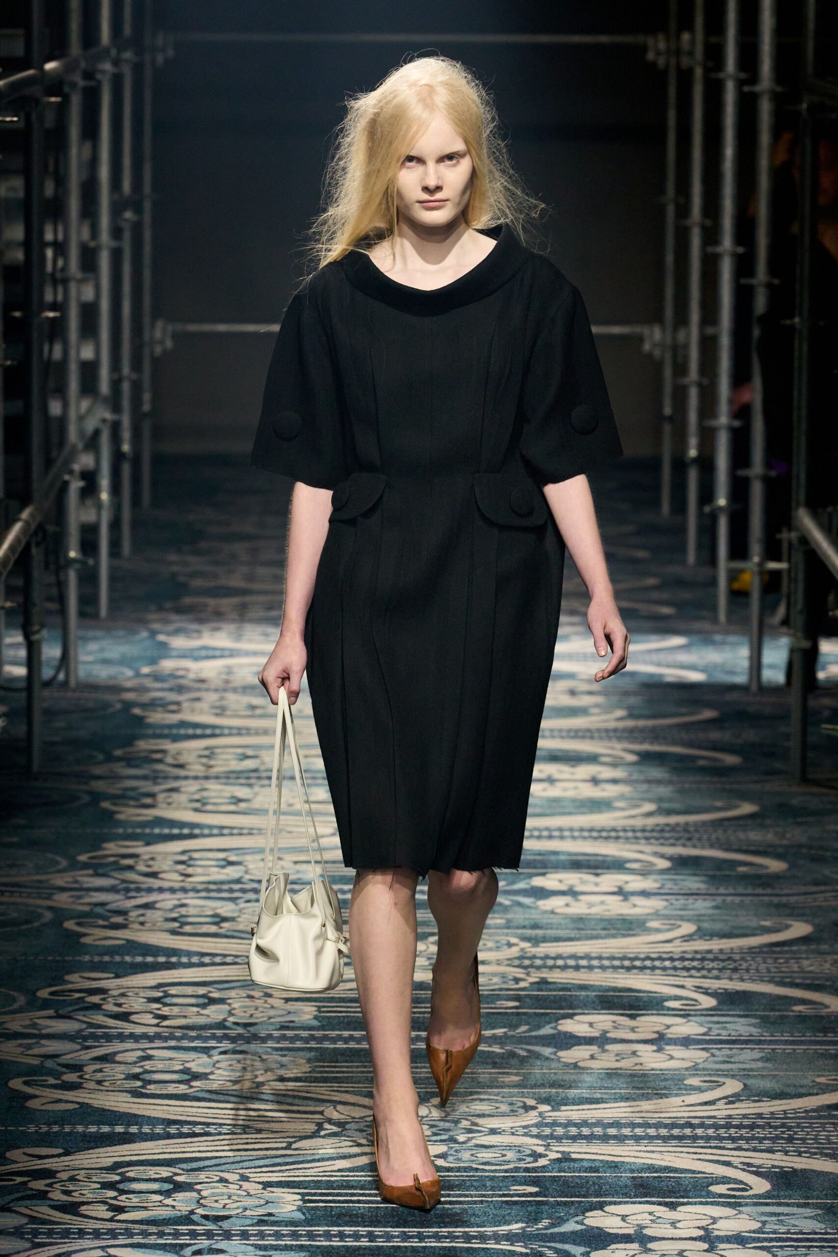 black midi dress with brown shoes