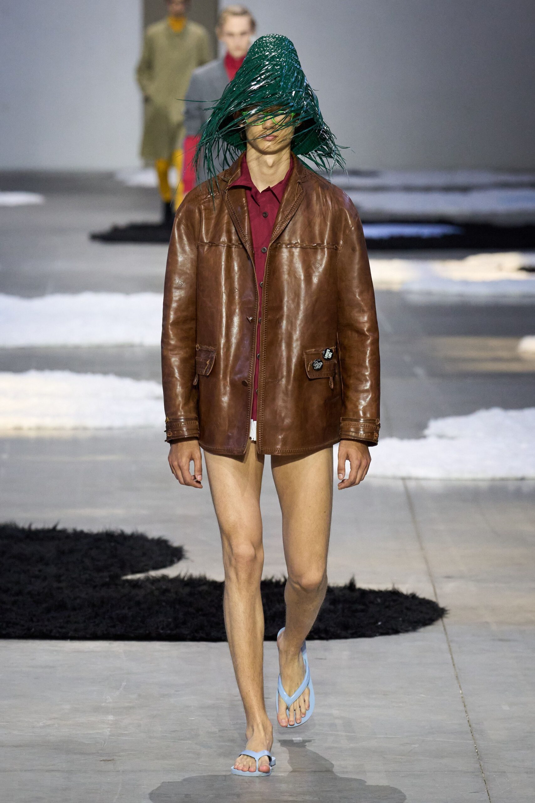 brown leather jacket with red shirt