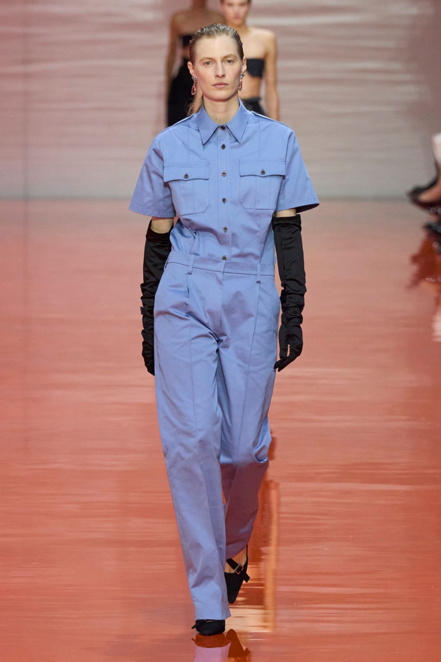 blue cotton short-sleeve collared fitted buttoned pockets jumpsuit