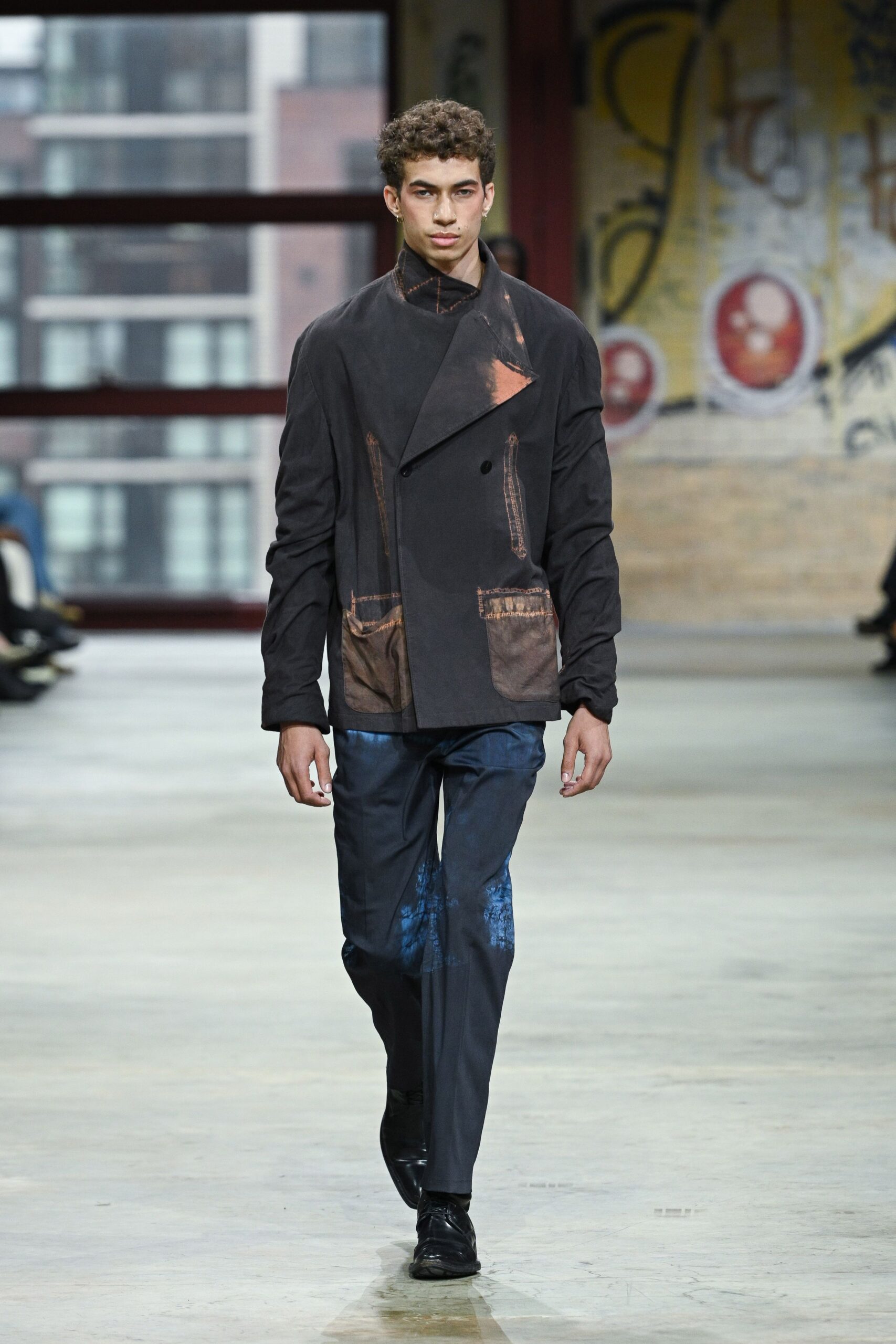 blue cotton slim straight-leg pants