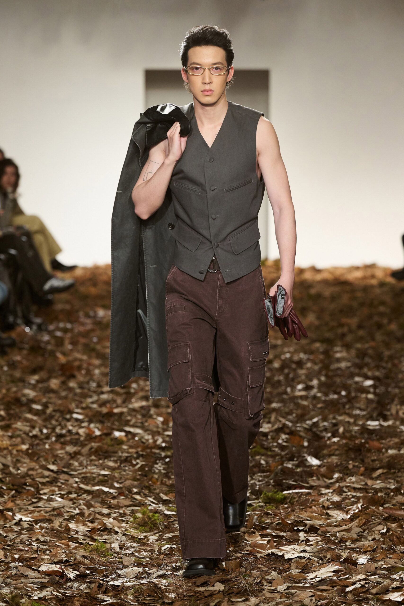 gray cotton sleeveless collared fitted vest