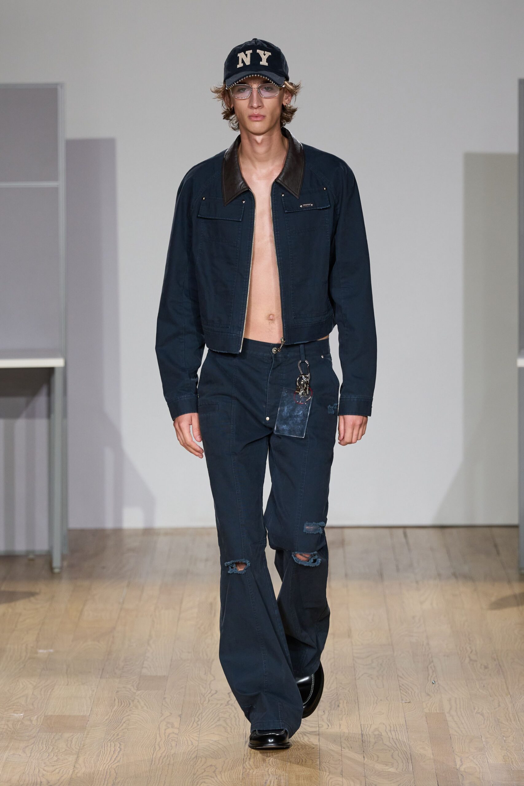 blue denim long-sleeve collared fitted buttoned jacket