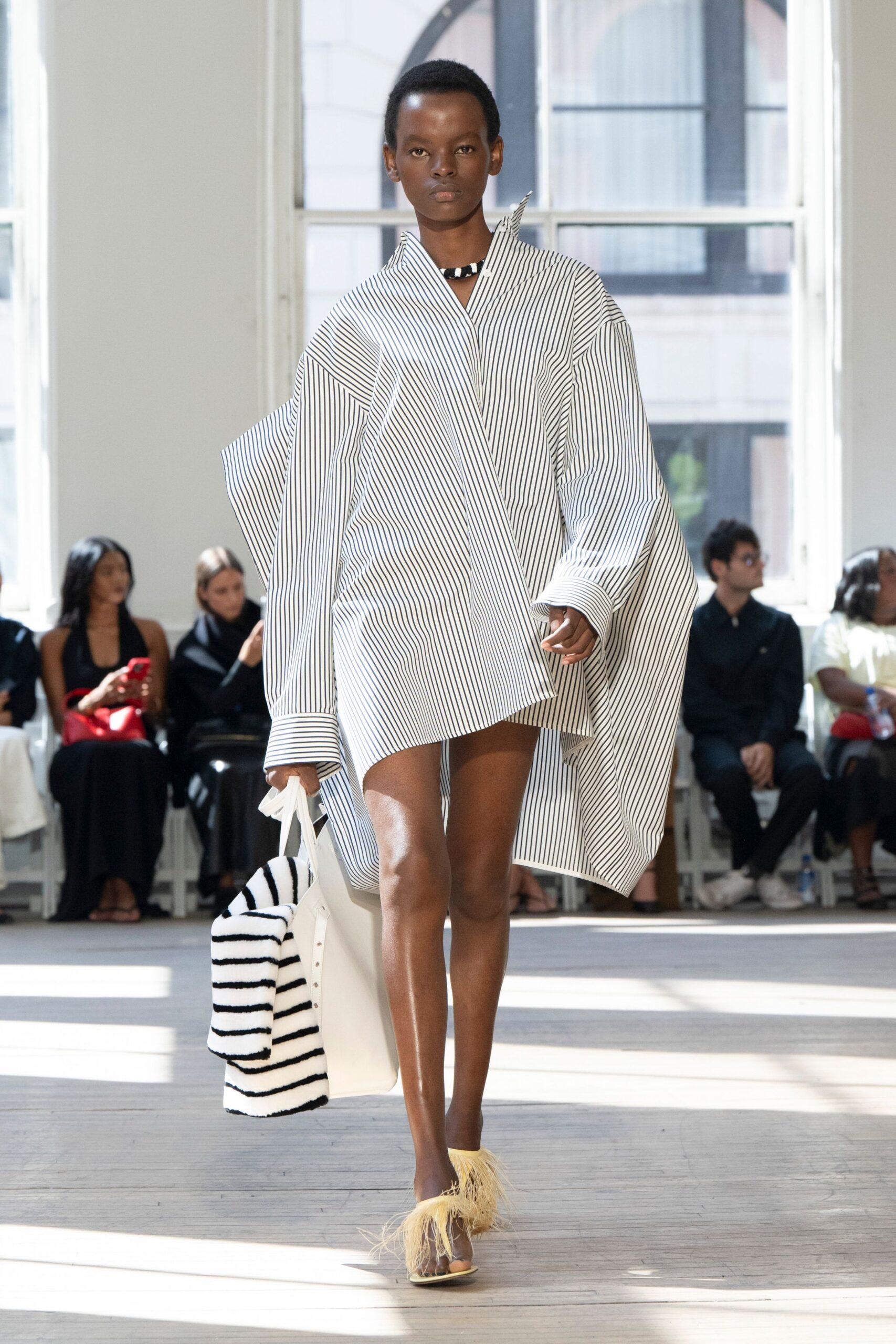 striped shirt-dress with fringed shoes