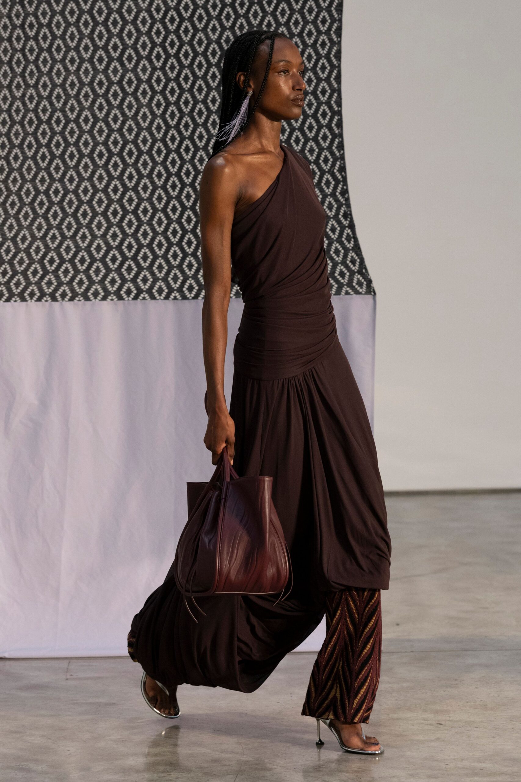brown ruched maxi dress