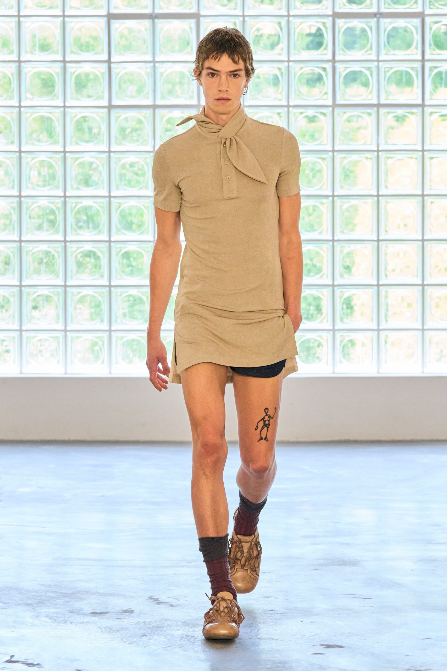 beige cotton short-sleeve collared fitted pleated mini dress
