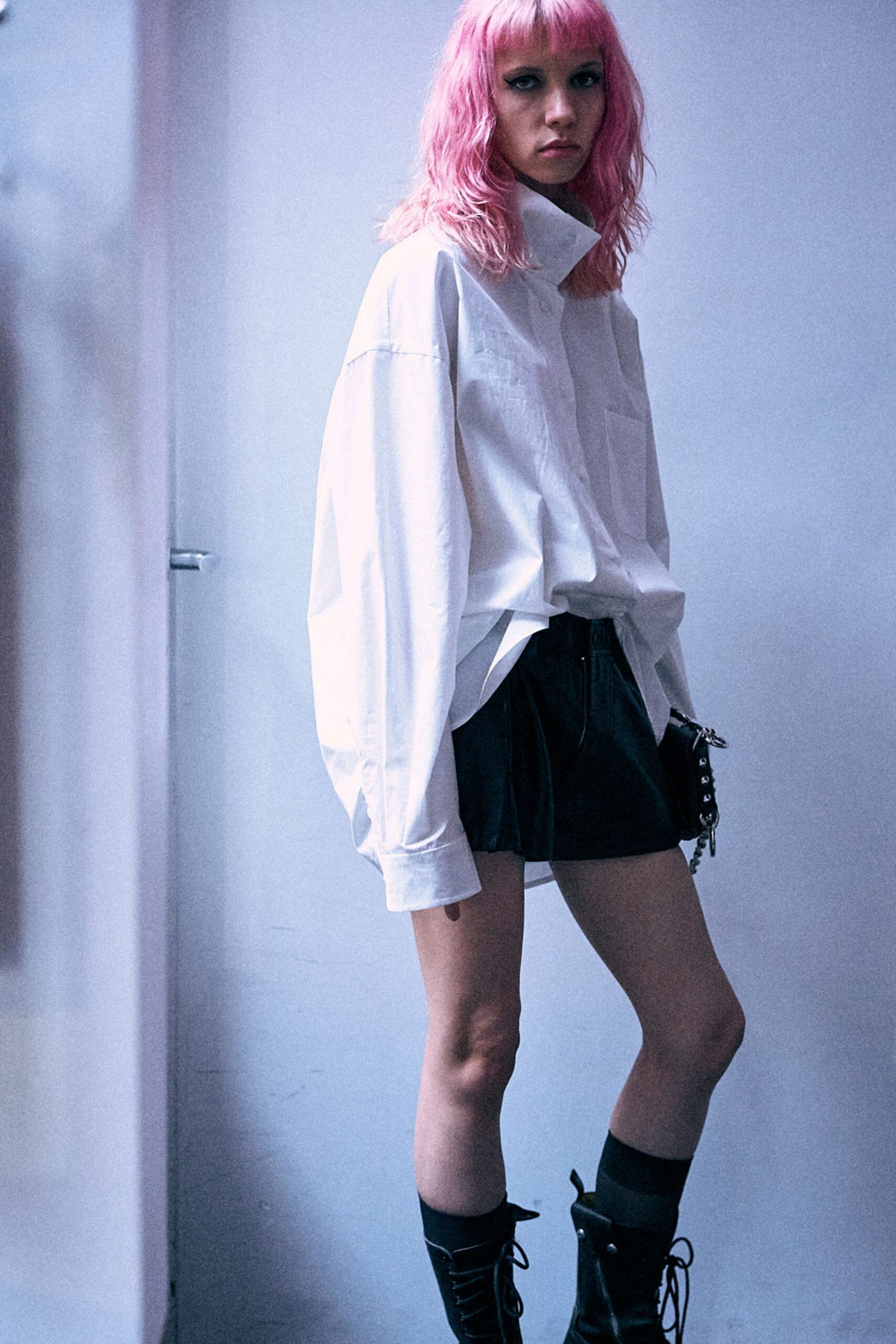 white cotton long-sleeve collared oversized shirt
