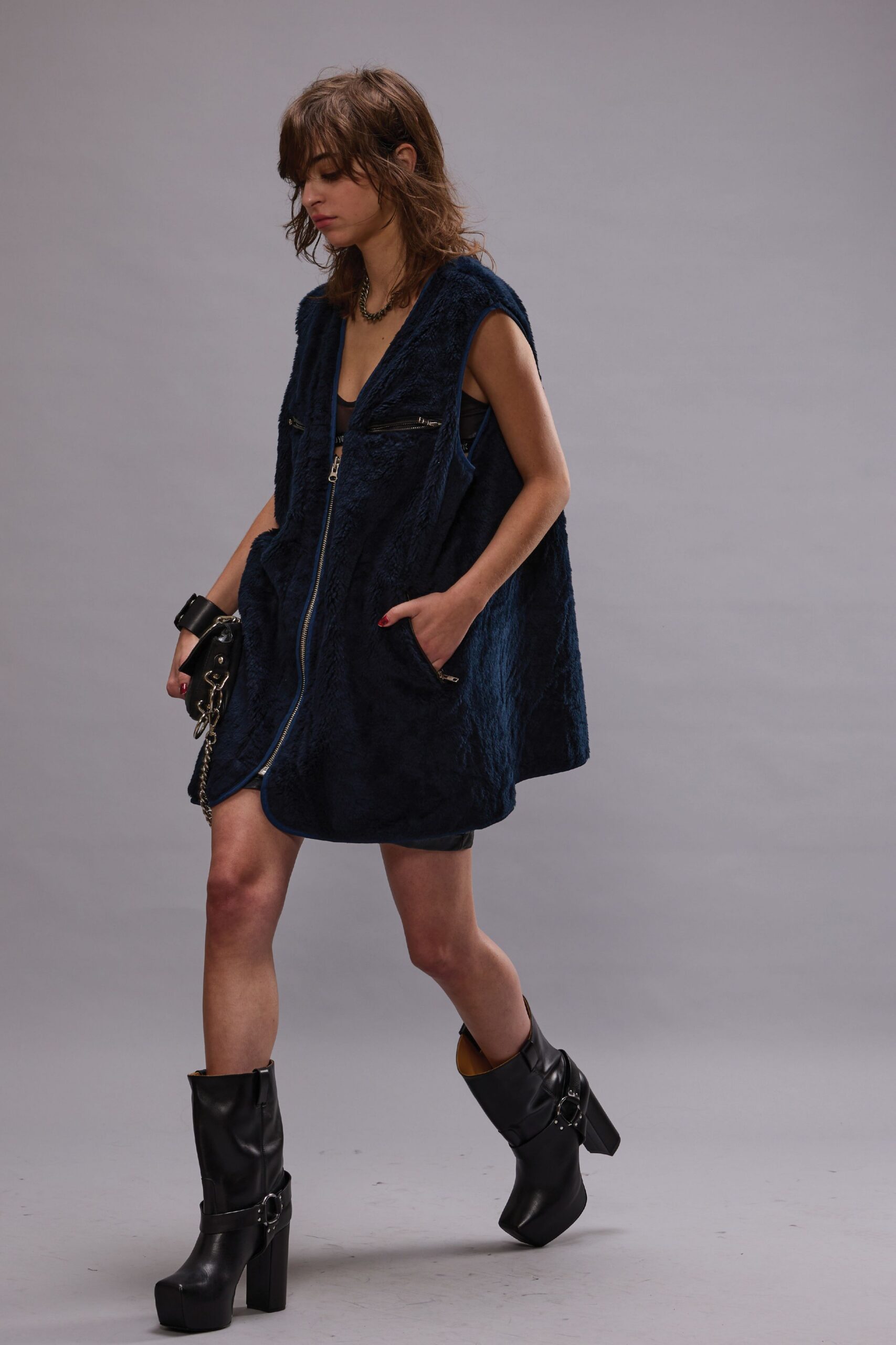 blue velvet sleeveless dress