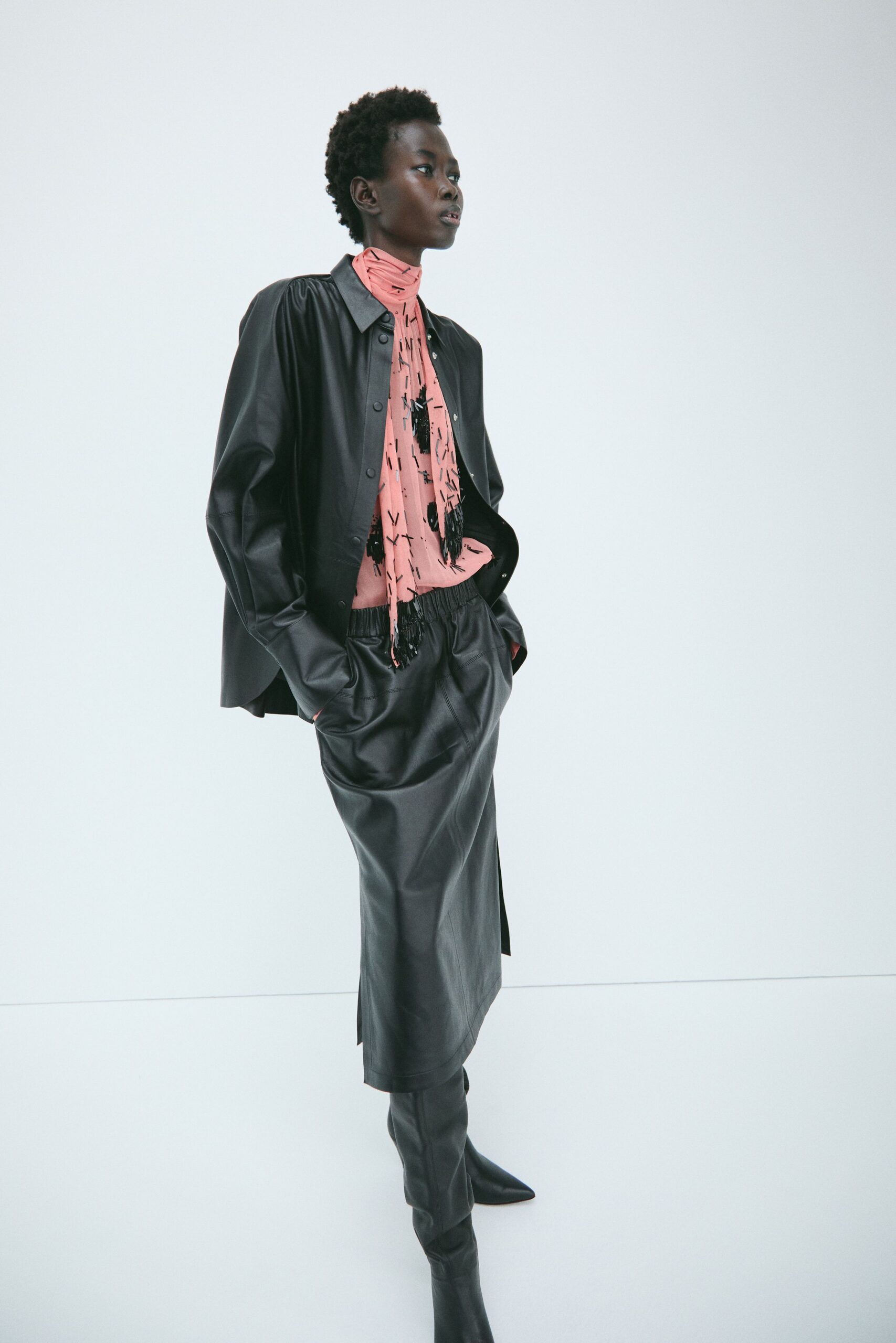 pink silk long-sleeve collared fitted ruffled shirt