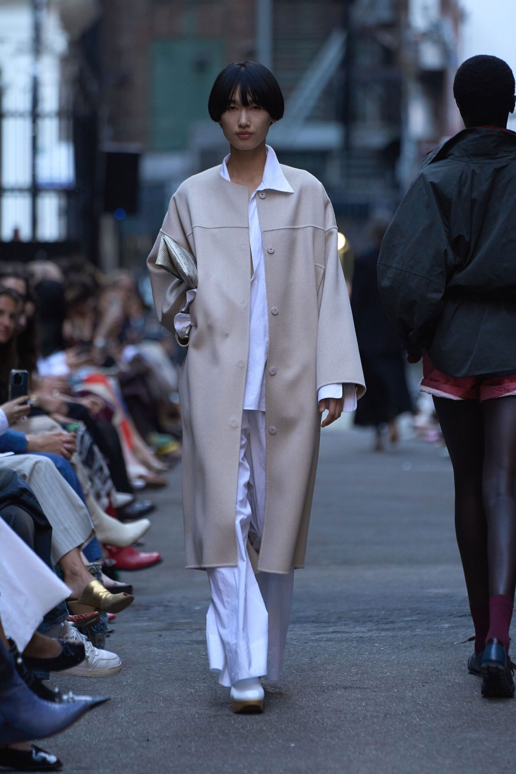 beige wool coat with white shirt and pants
