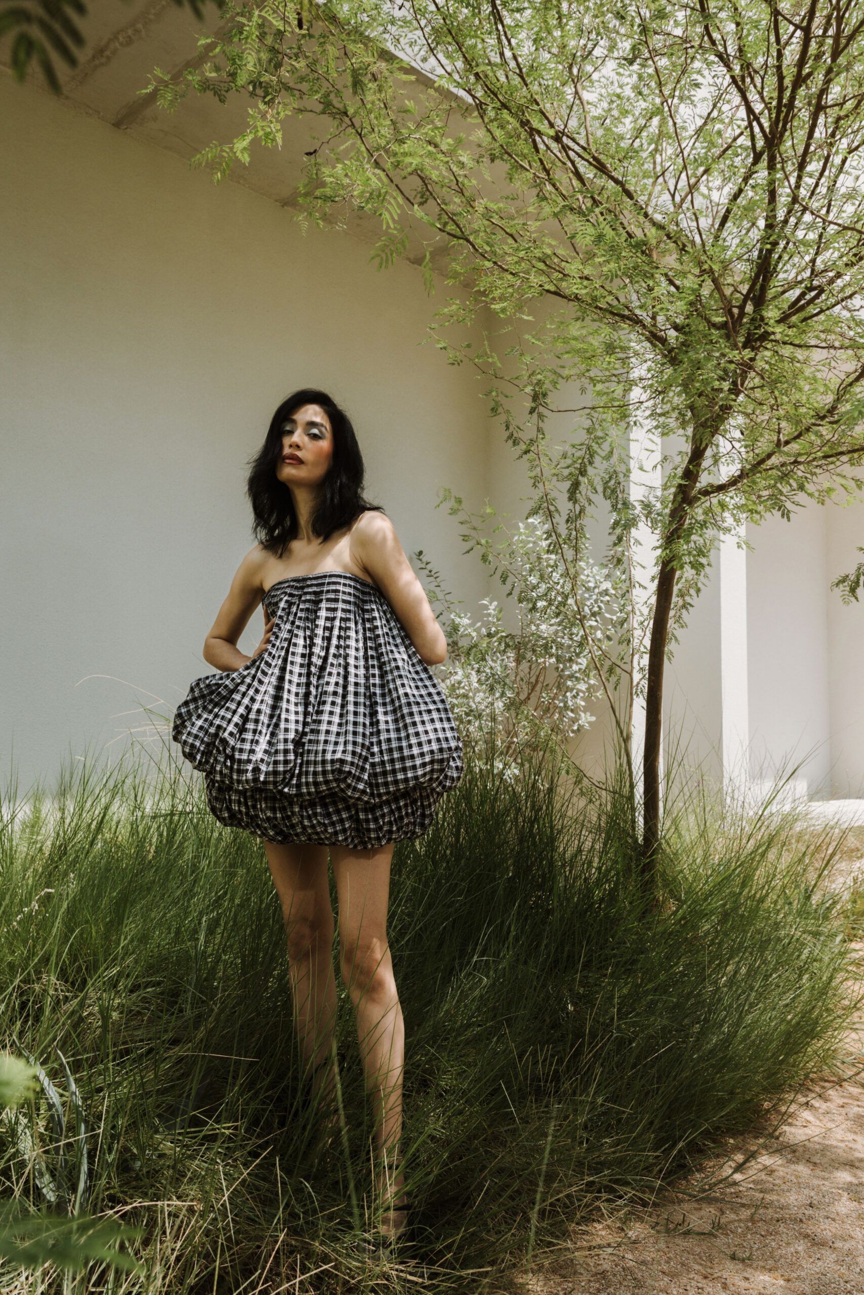 black and white checked mini dress