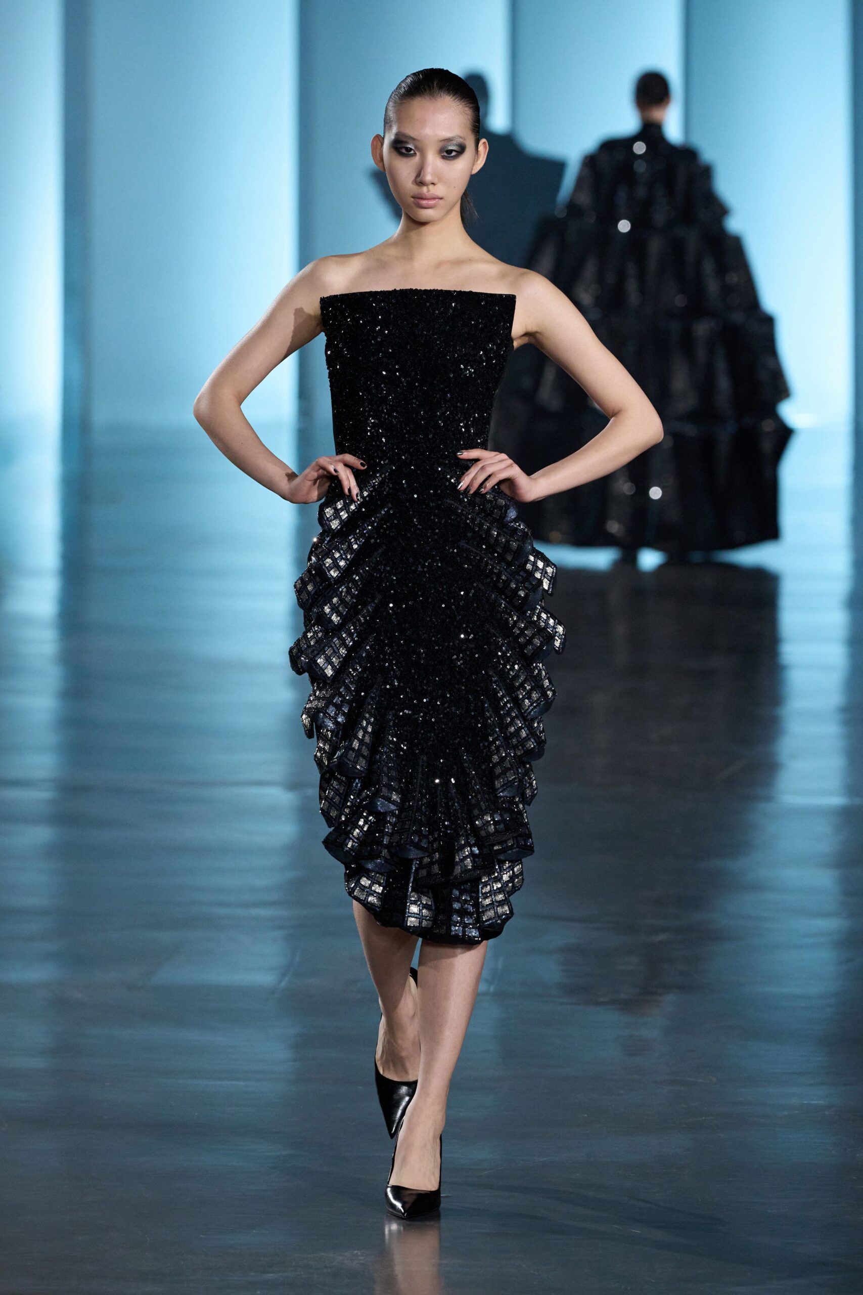 black silk strapless fitted pleated sequined shiny dress