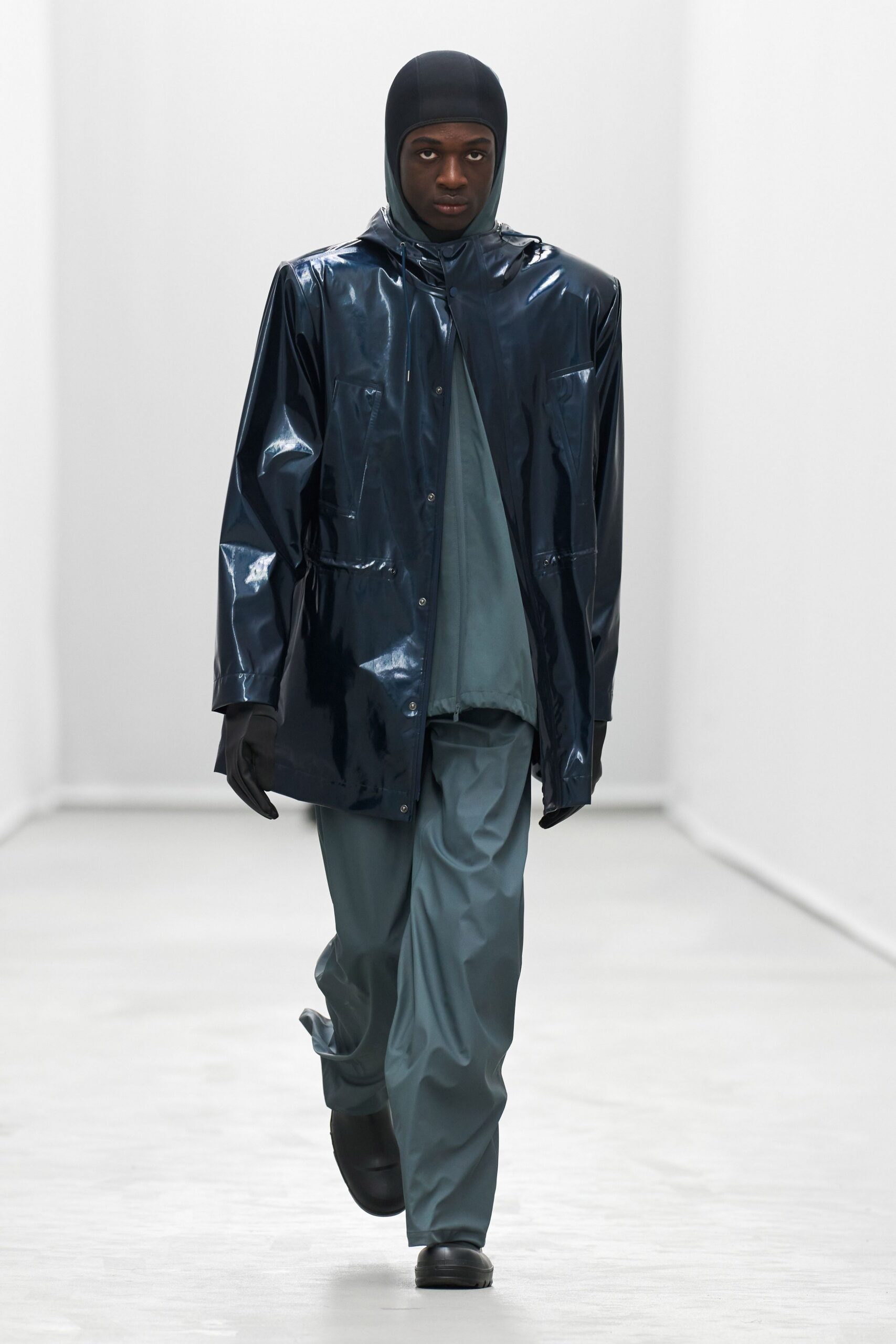 blue vinyl long-sleeve collared relaxed zippered shiny jacket