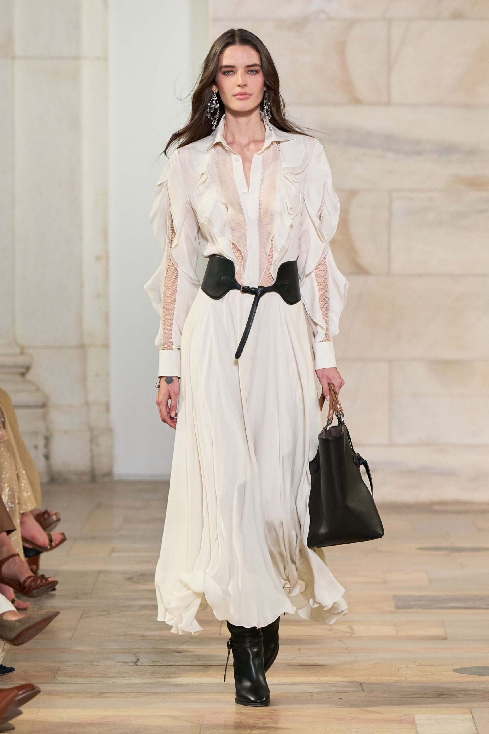 white silk long-sleeve collared fitted pleated draped dress
