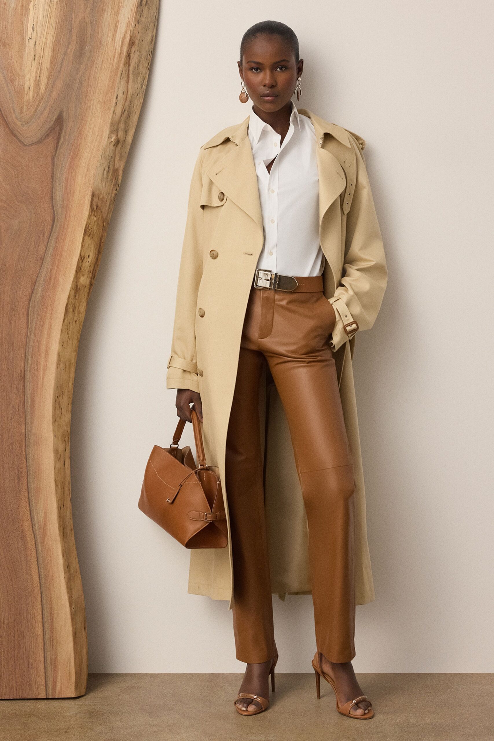 beige cotton long-sleeve collared relaxed buttoned trench