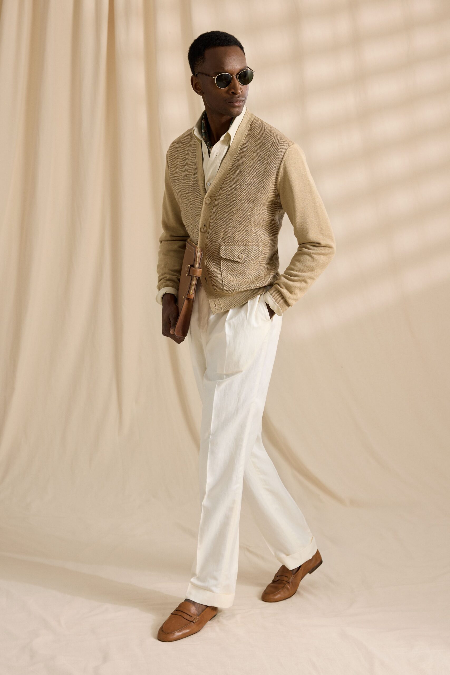 beige wool long-sleeve collared fitted buttoned pockets cardigan