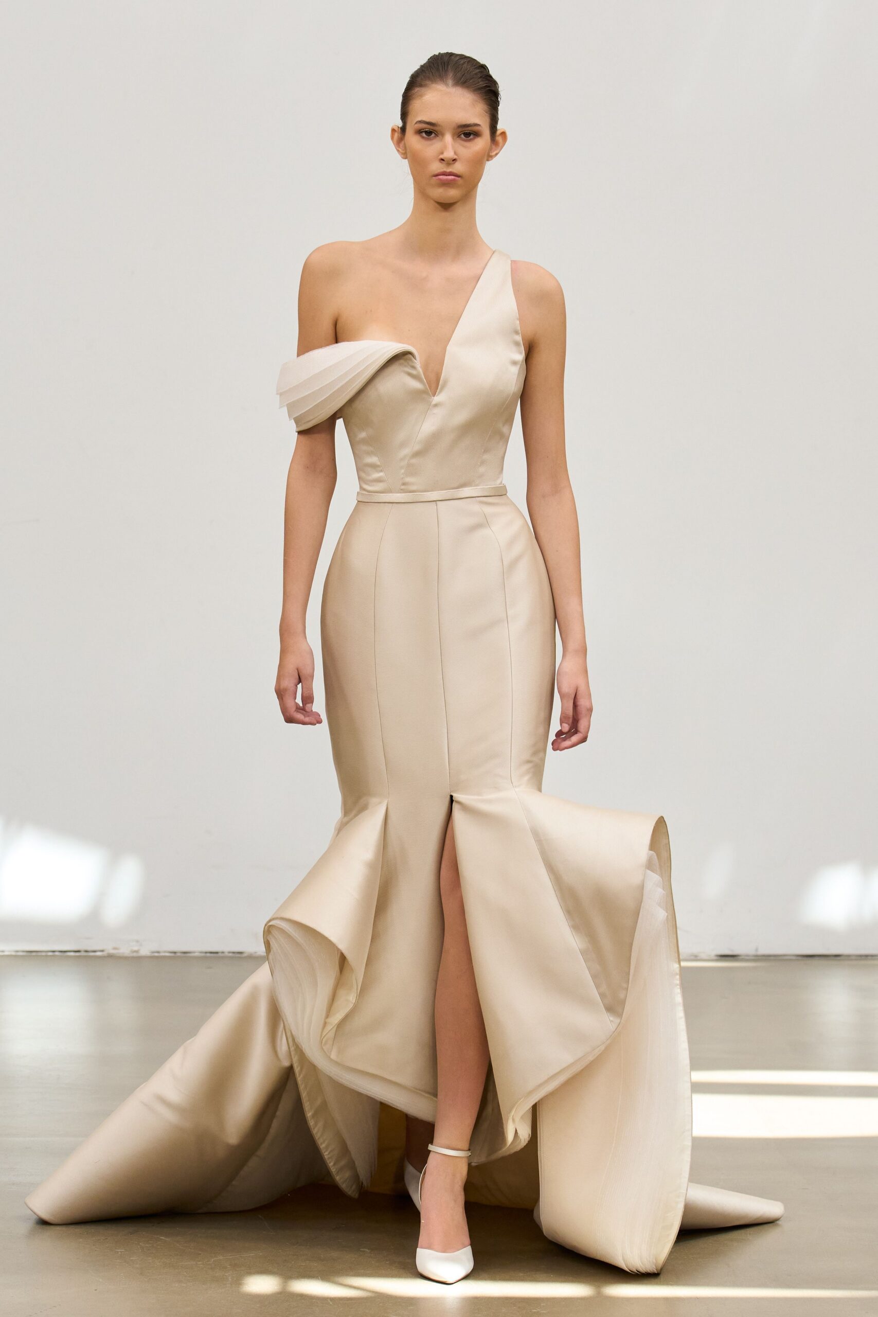 beige silk sleeveless v-neck fitted draped maxi gown