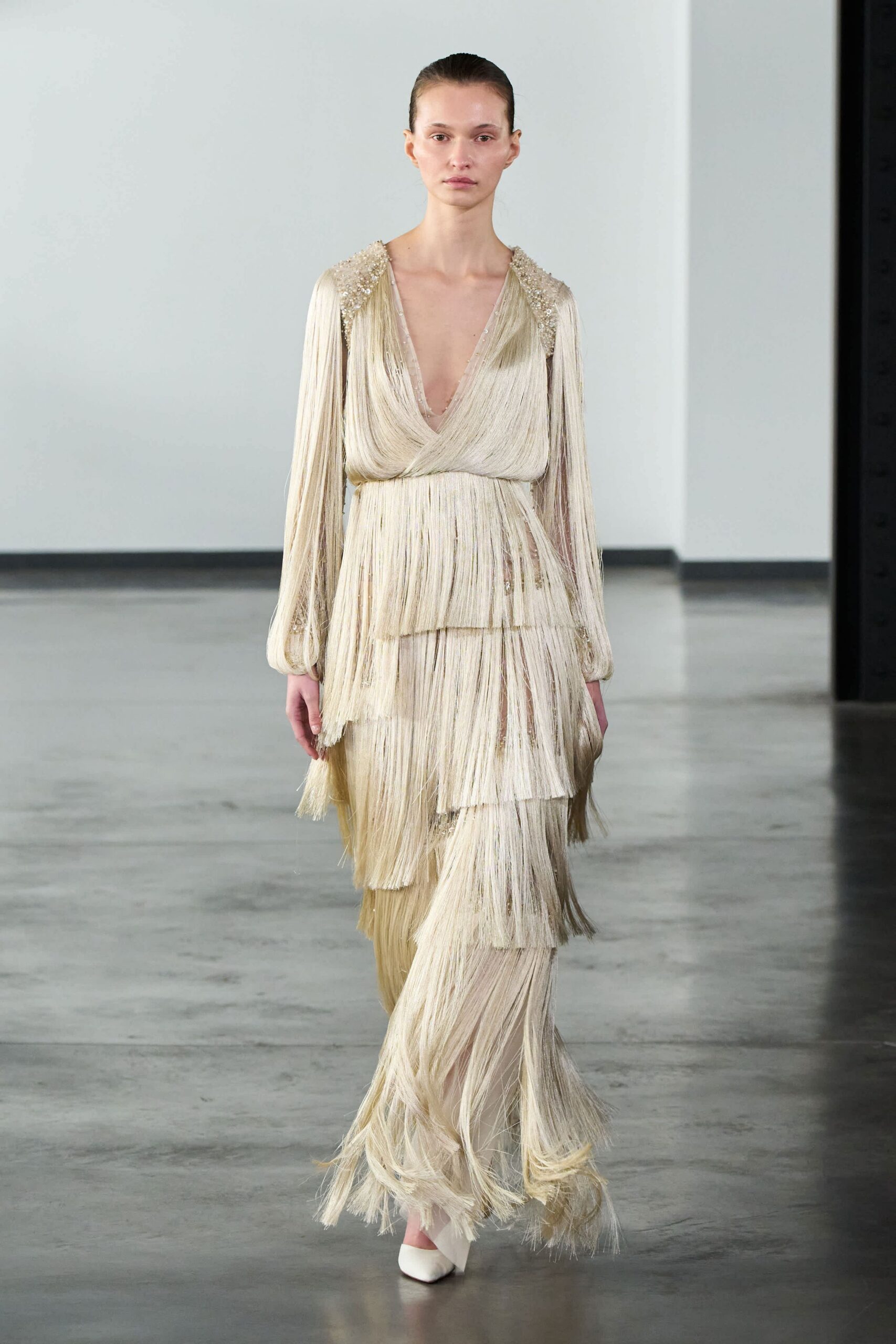 beige silk fringed gown