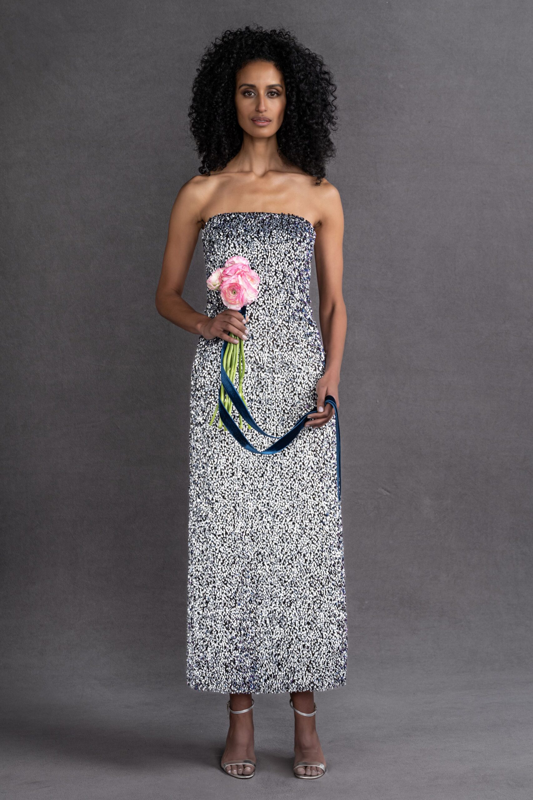 white cotton strapless fitted printed maxi gown