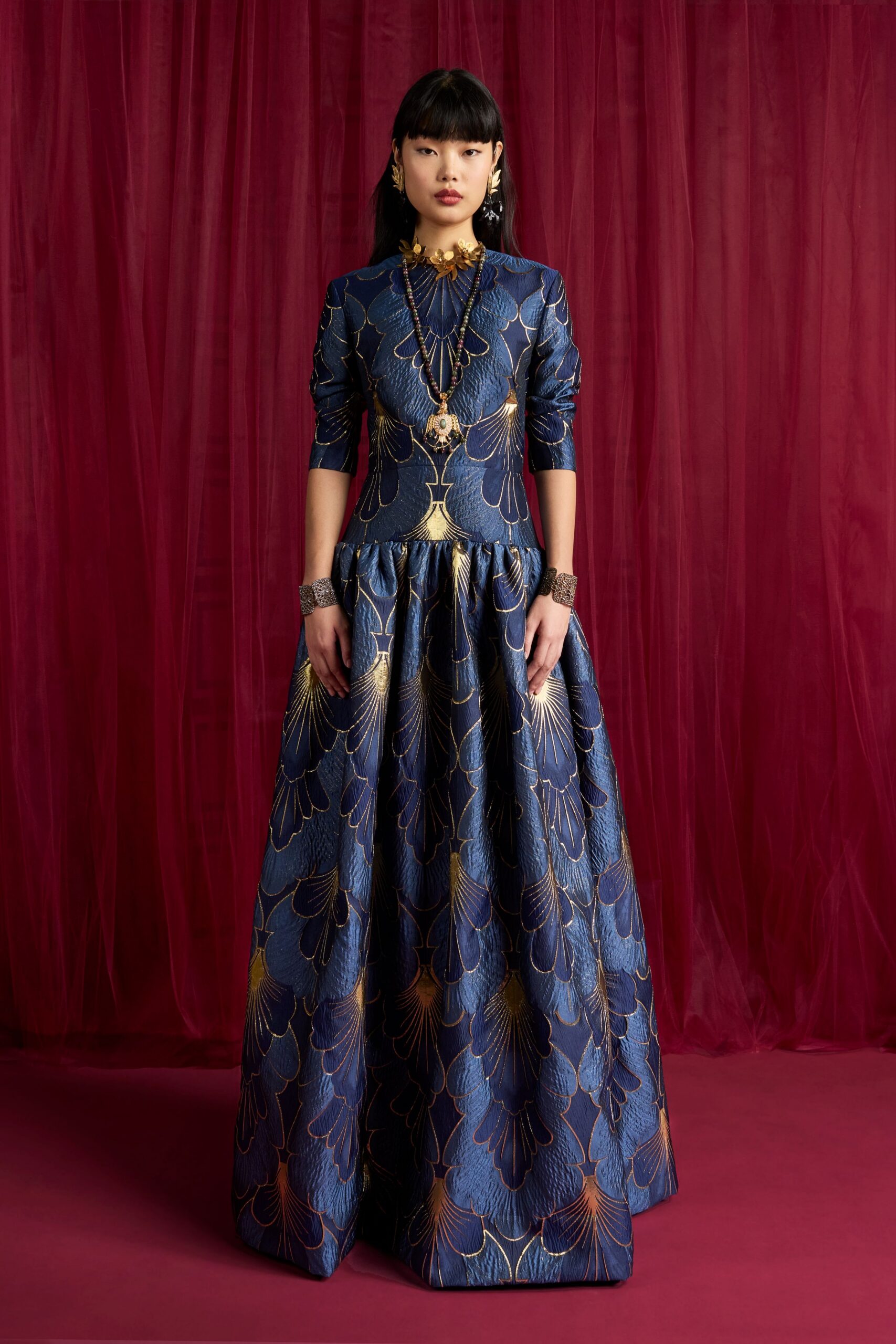 blue gold embroidered gown