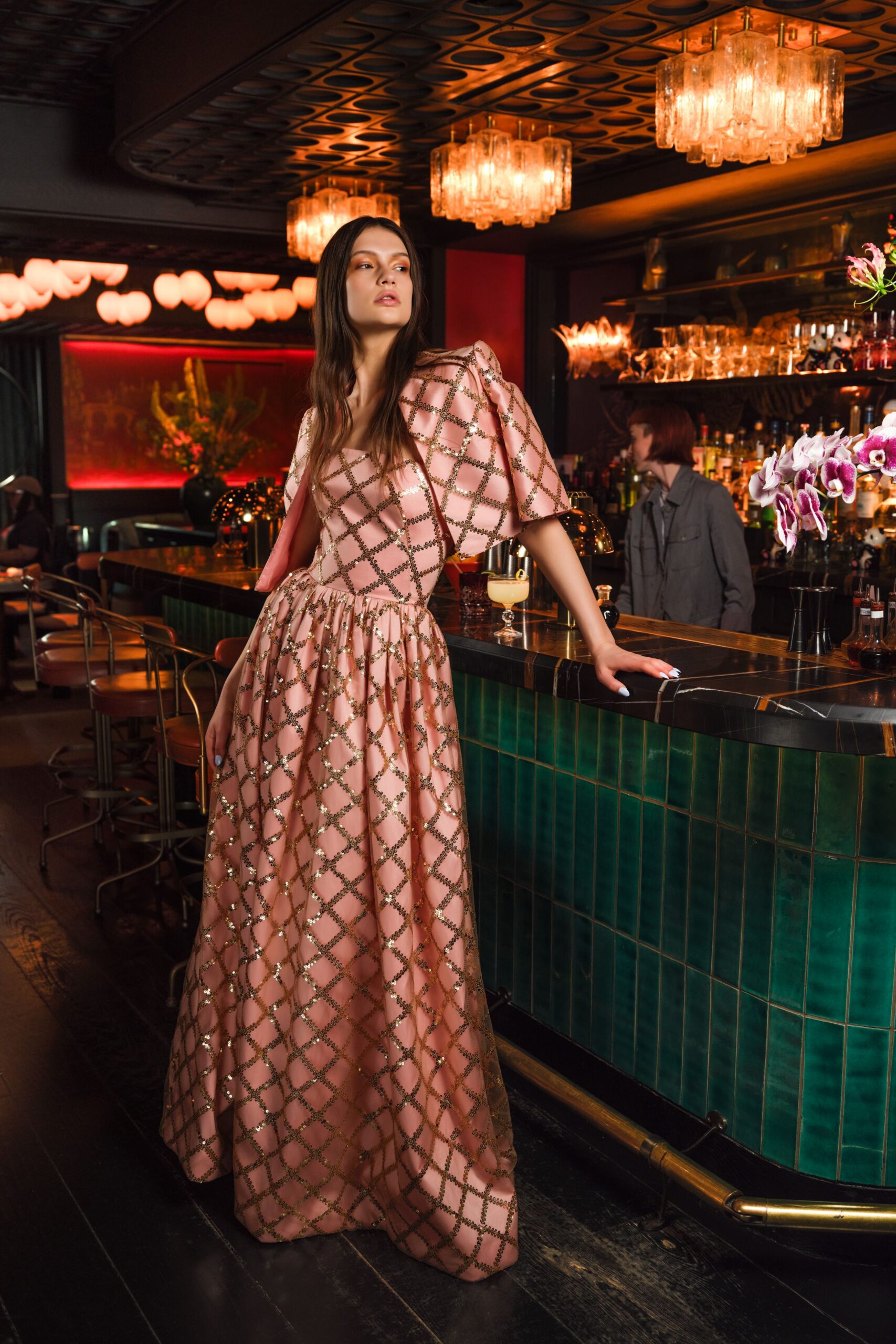 pink silk embroidered gown