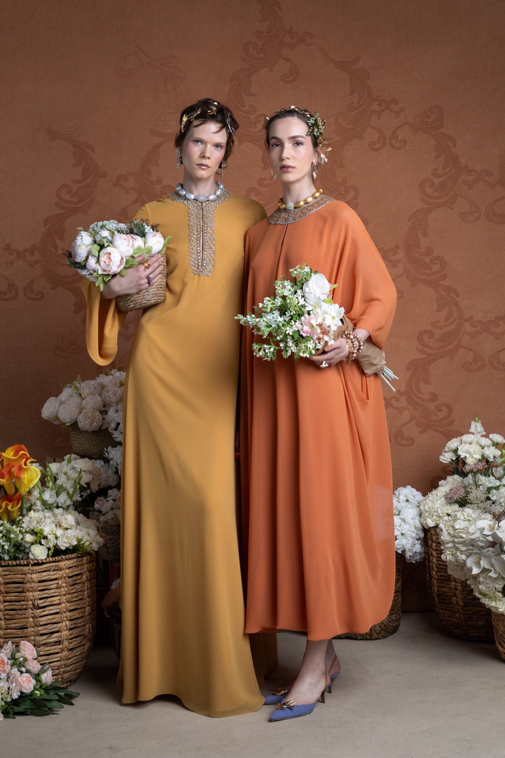 yellow silk long-sleeve high-neck fitted embellished maxi gown