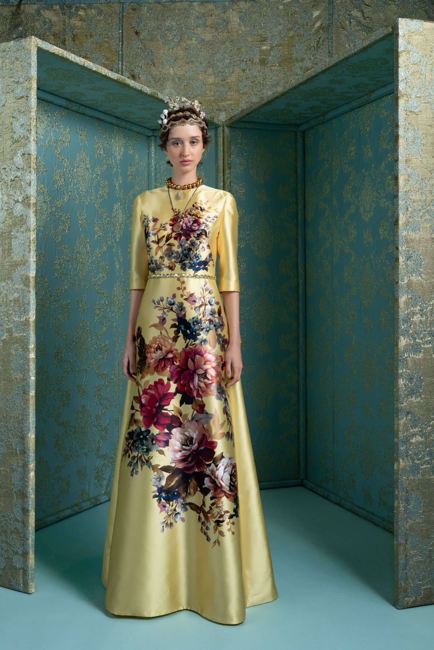 yellow satin floral gown