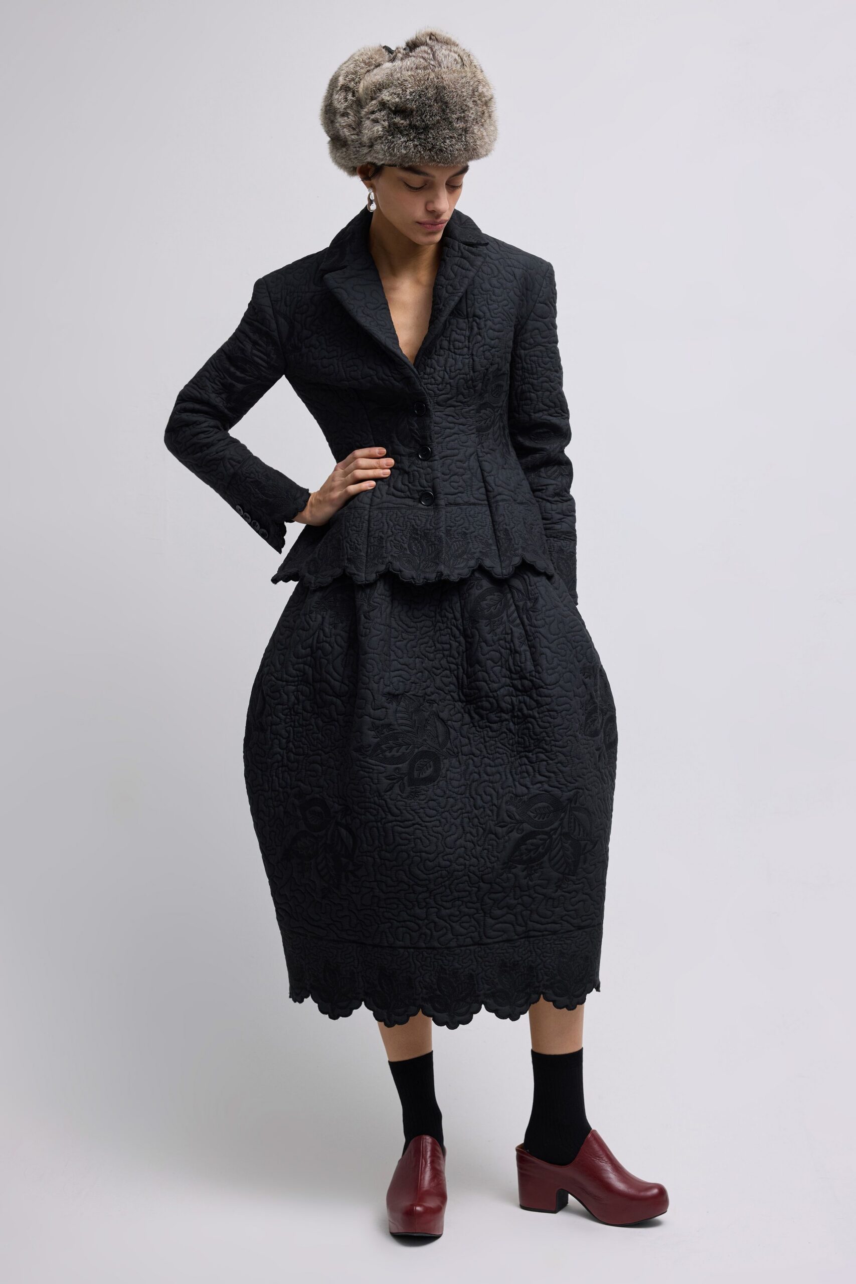 black cotton long-sleeve collared structured buttoned embroidered blazer