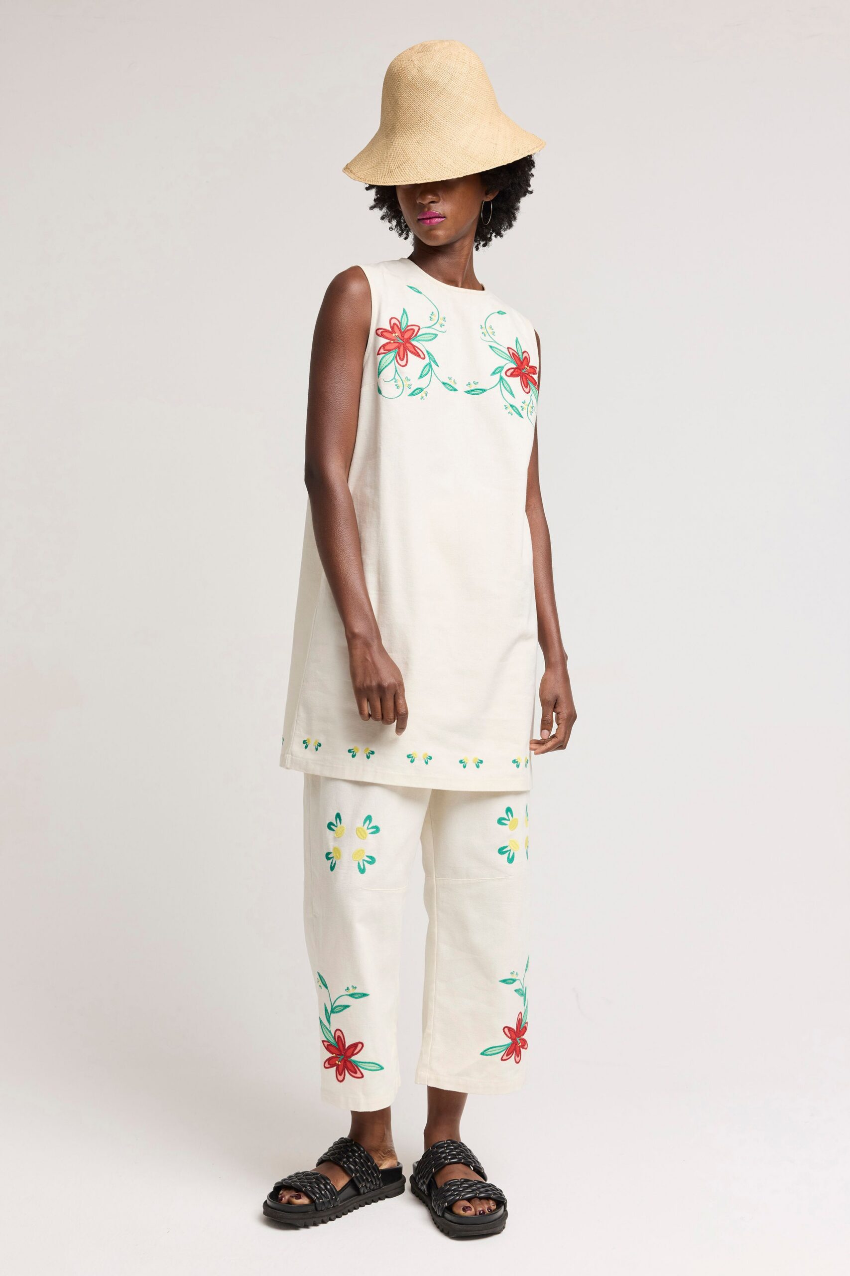 white embroidered top and pants
