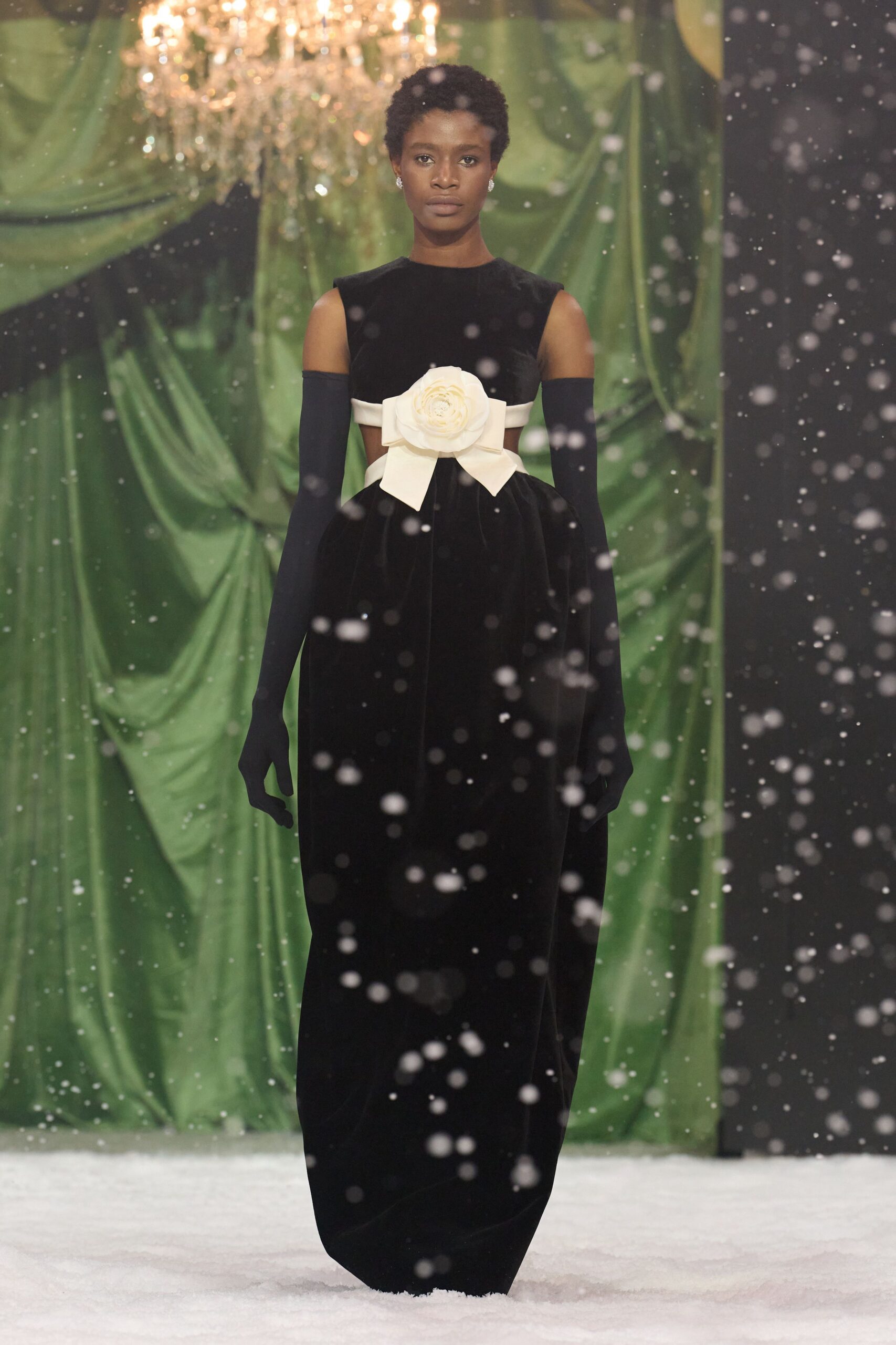 black velvet gown with gloves