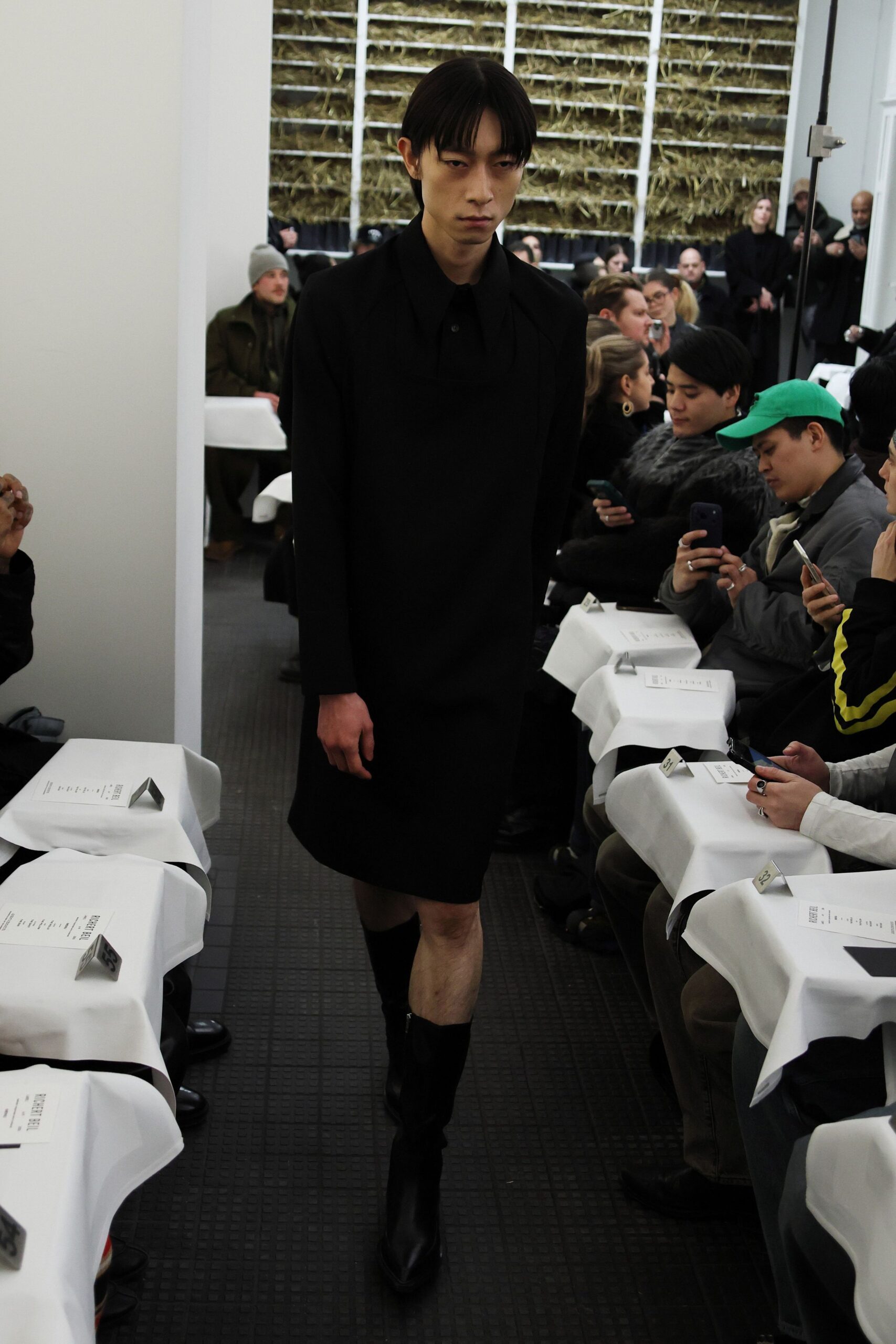 black fitted midi dress with boots
