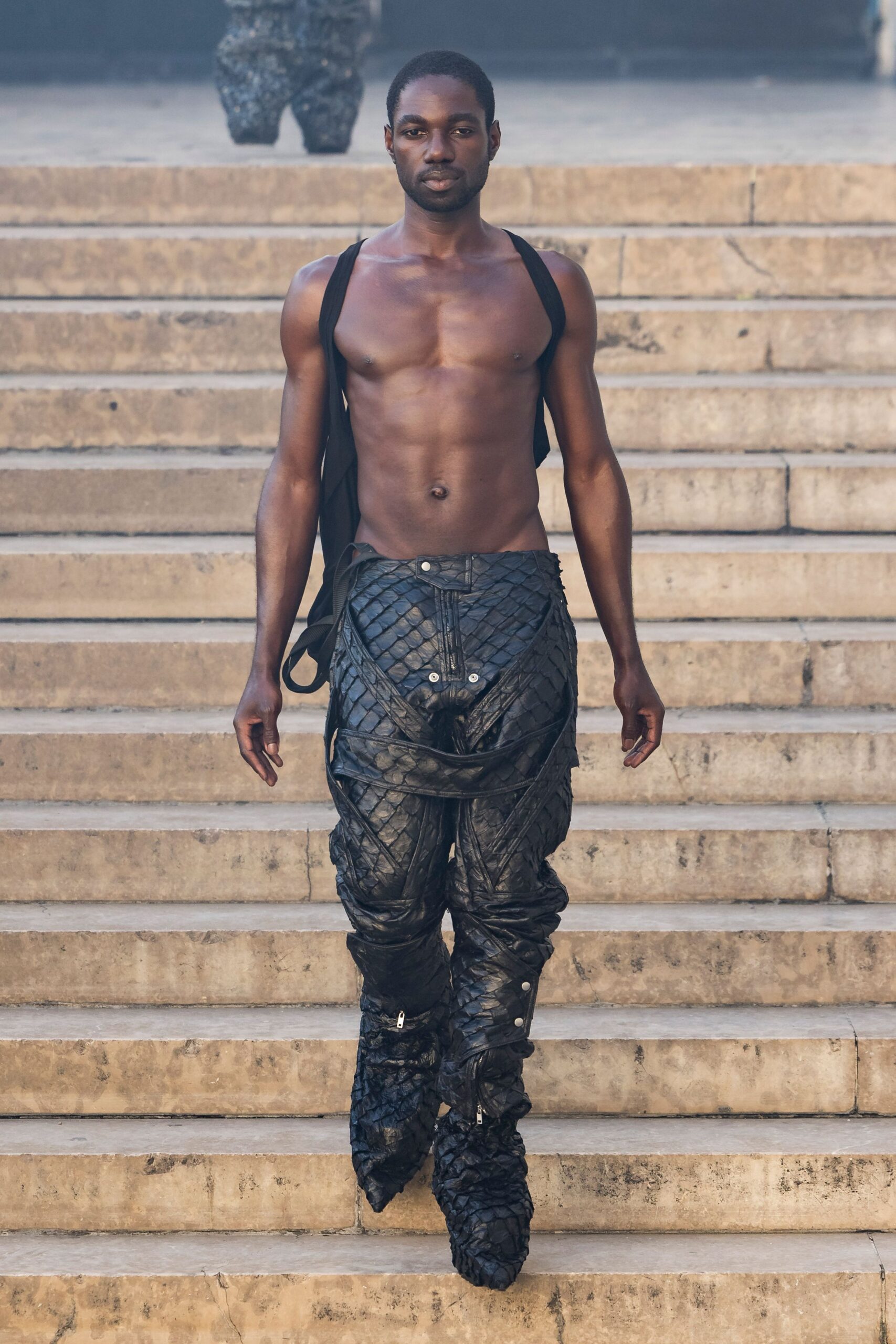 black leather fitted quilted pants