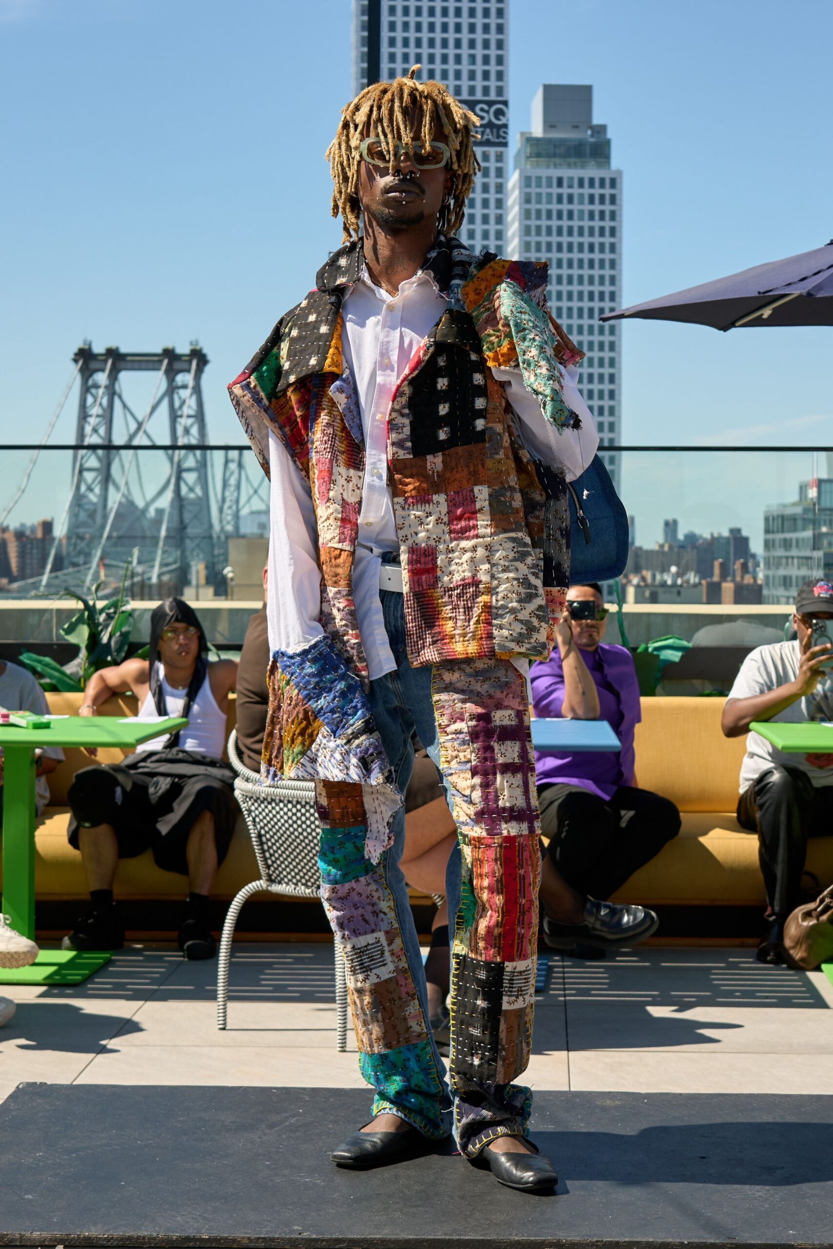 multi-colored patchwork jacket and pants