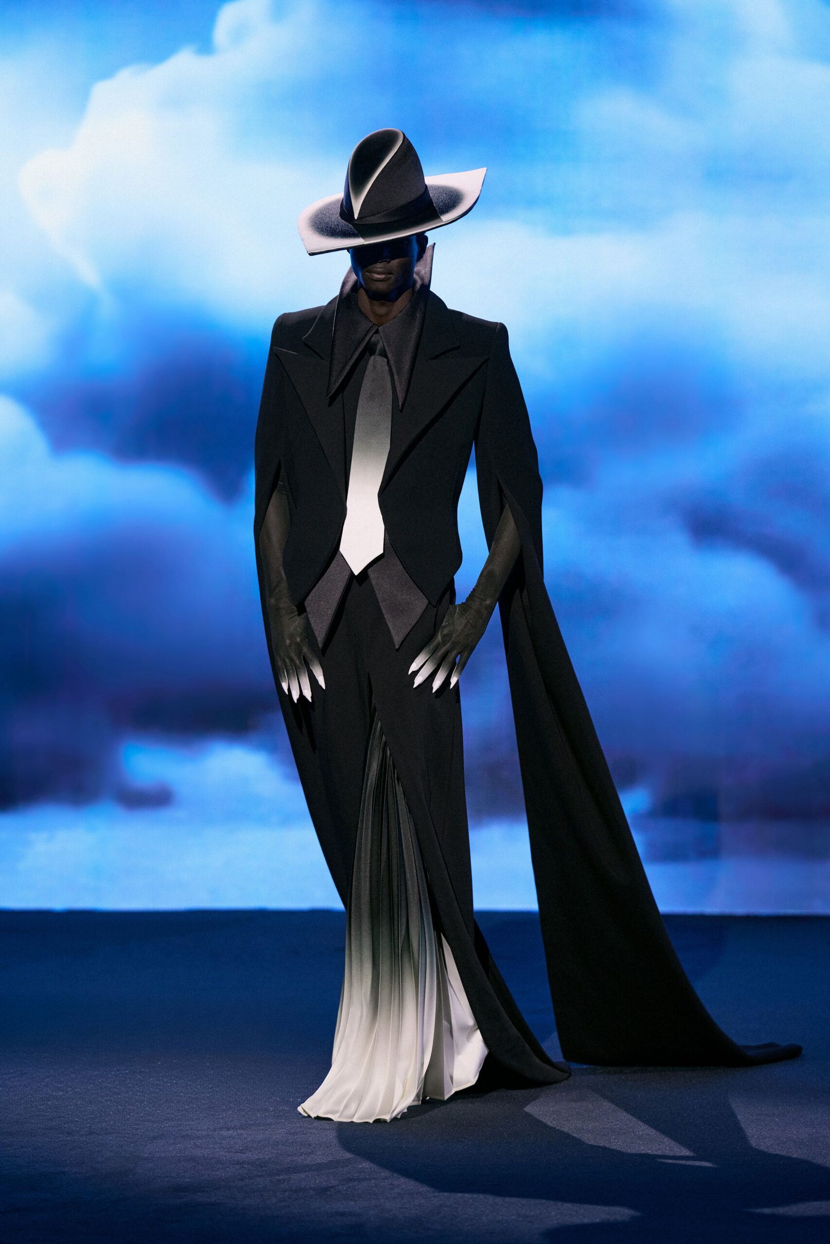black wool long-sleeve v-neck fitted draped layered gown