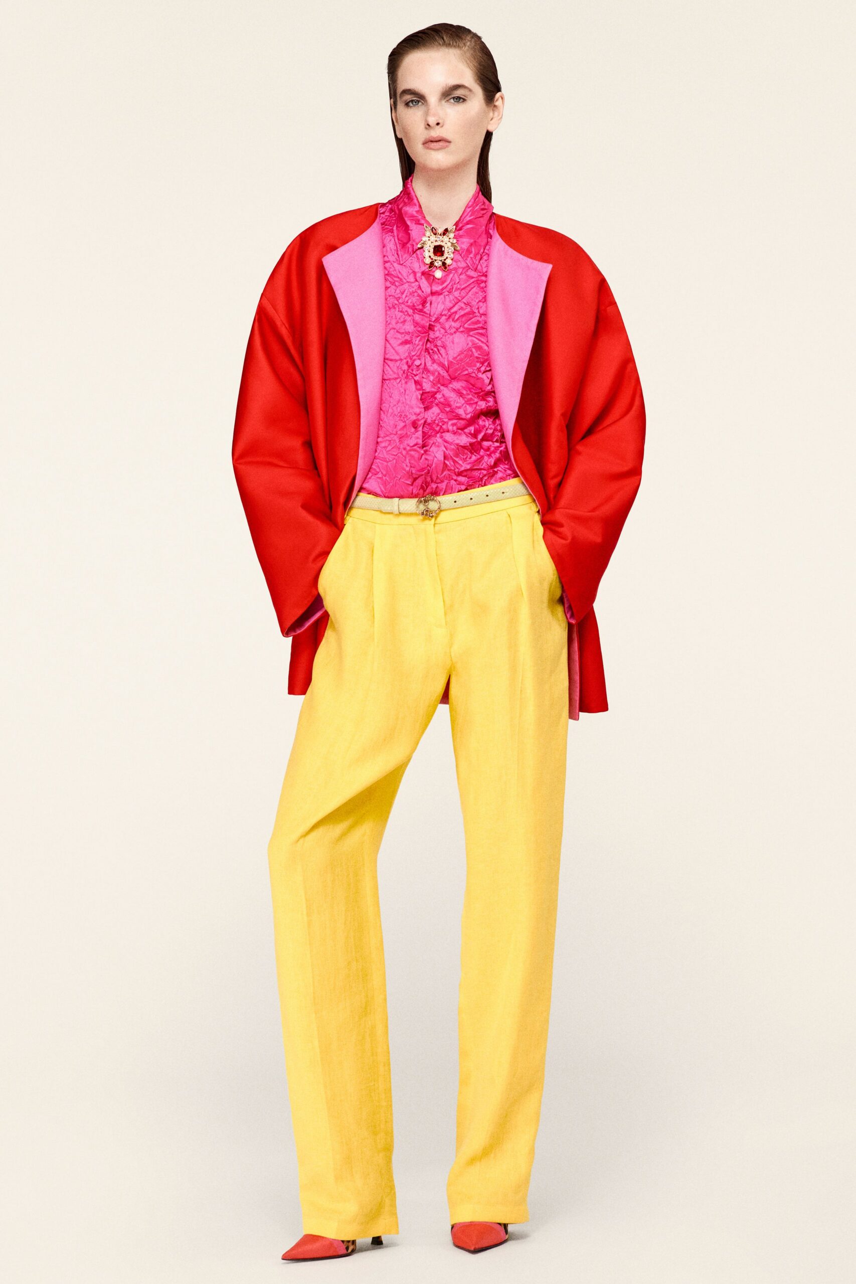 yellow tailored straight-leg pants
