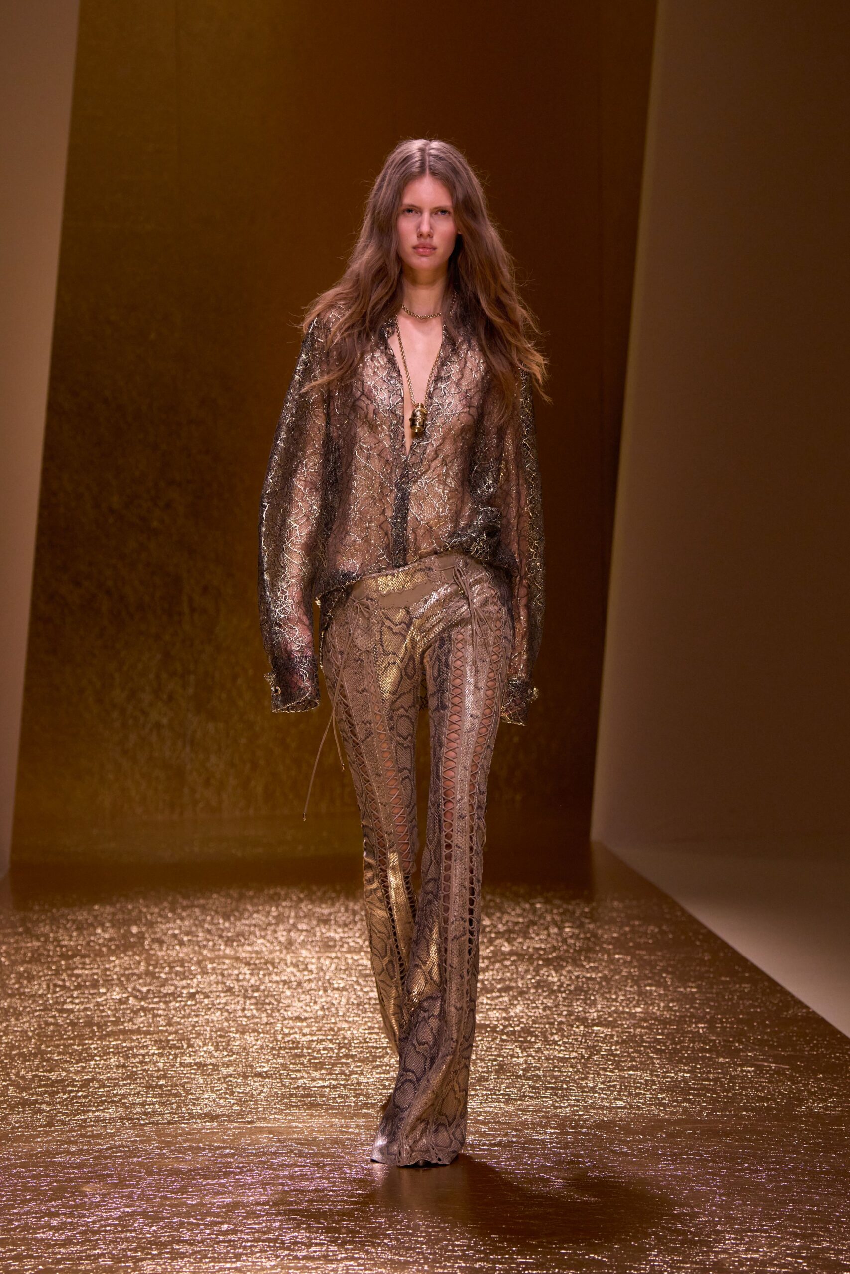 gold silk fitted printed shiny pants