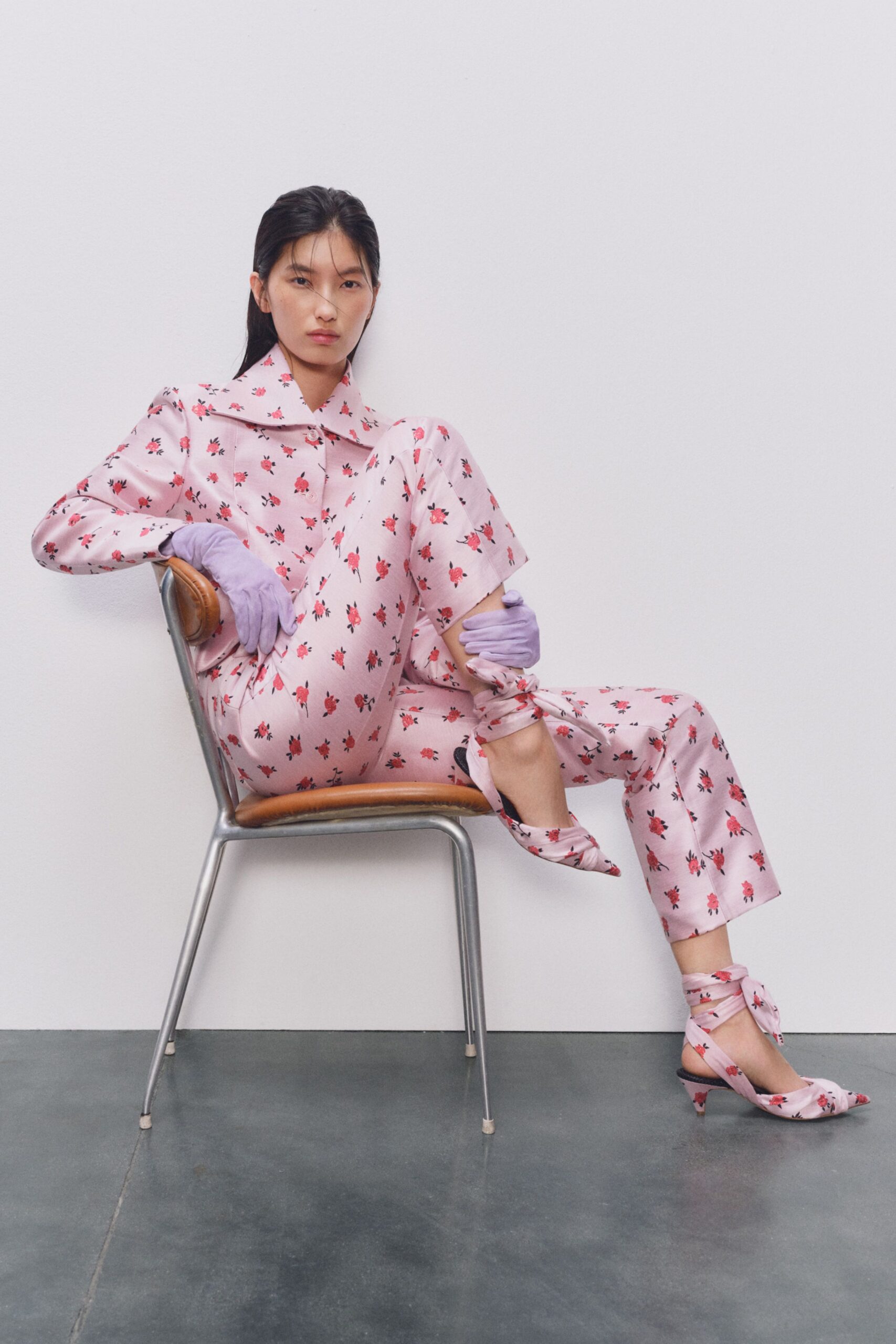 pink silk fitted floral pants